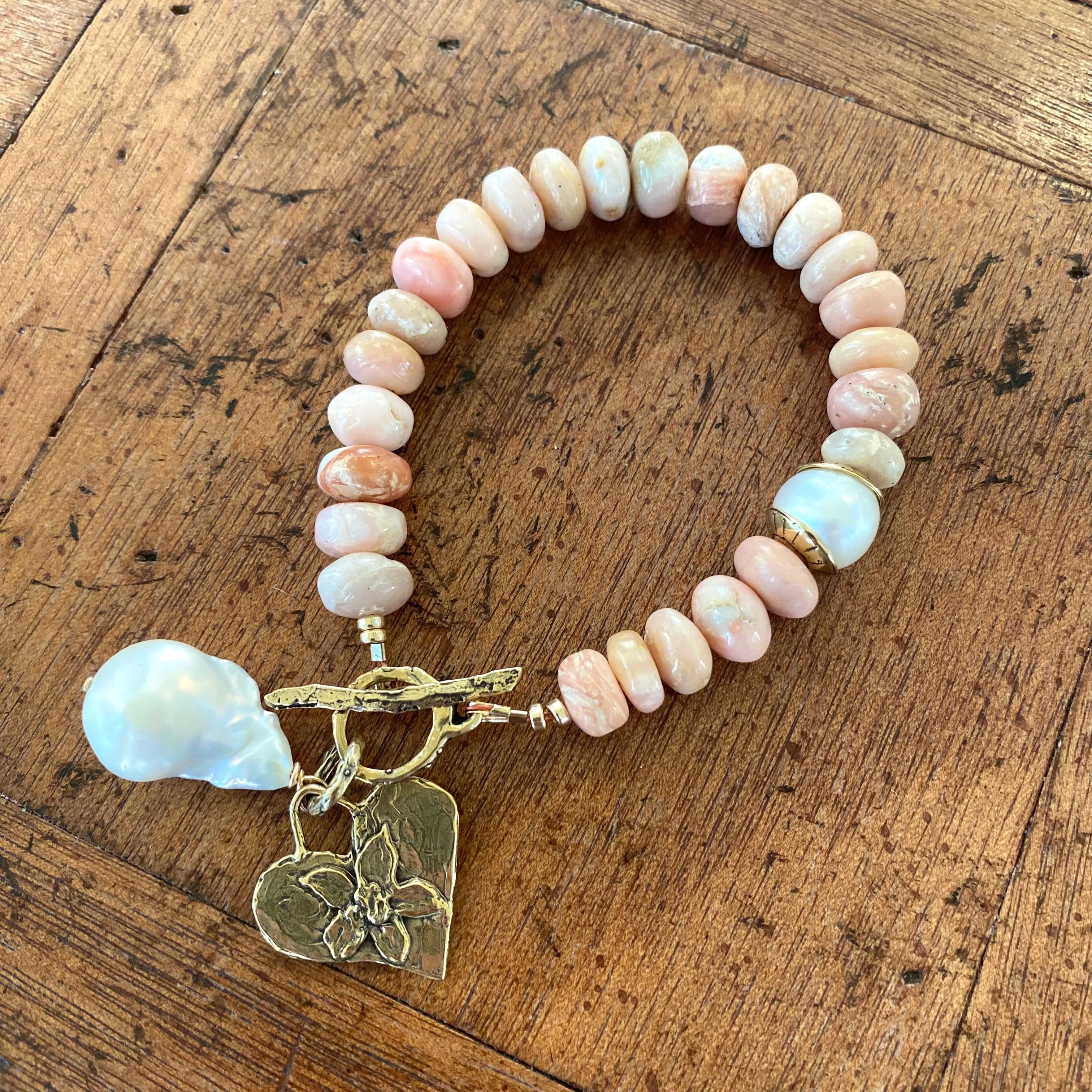 Genuine Pink Opal Toggle Bracelet, Artisan Statement Bracelet, Gold Bronze Heart Charm and baroque Pearl Pendant, 8in