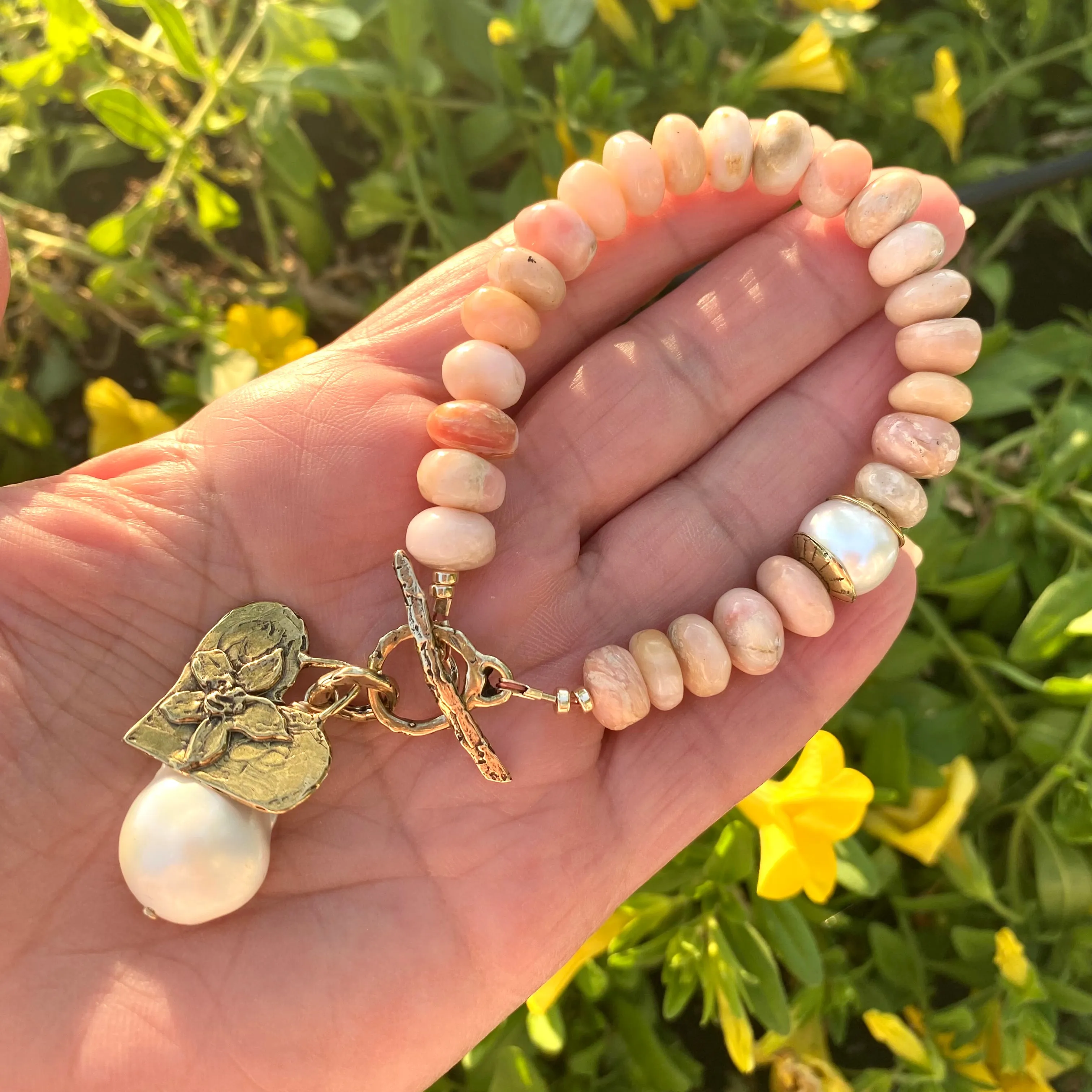 Genuine Pink Opal Toggle Bracelet, Artisan Statement Bracelet, Gold Bronze Heart Charm and baroque Pearl Pendant, 8in