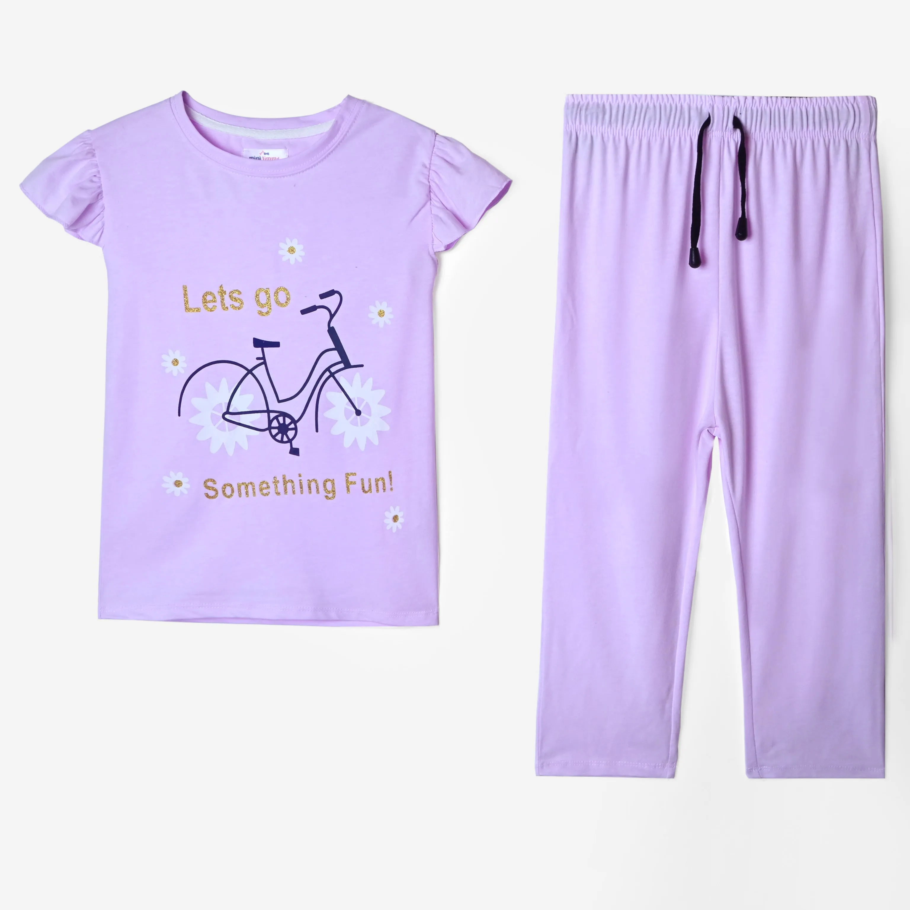 Girls "Lets Go"Printed Soft Cotton Frill Suit