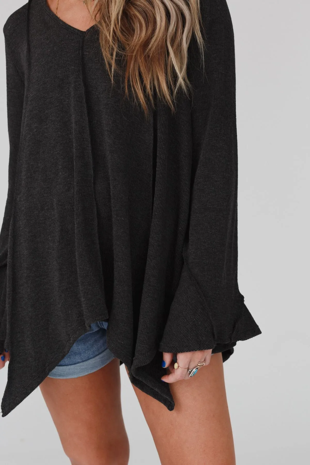 Golden Hour Long Bell Sleeve Top - Charcoal