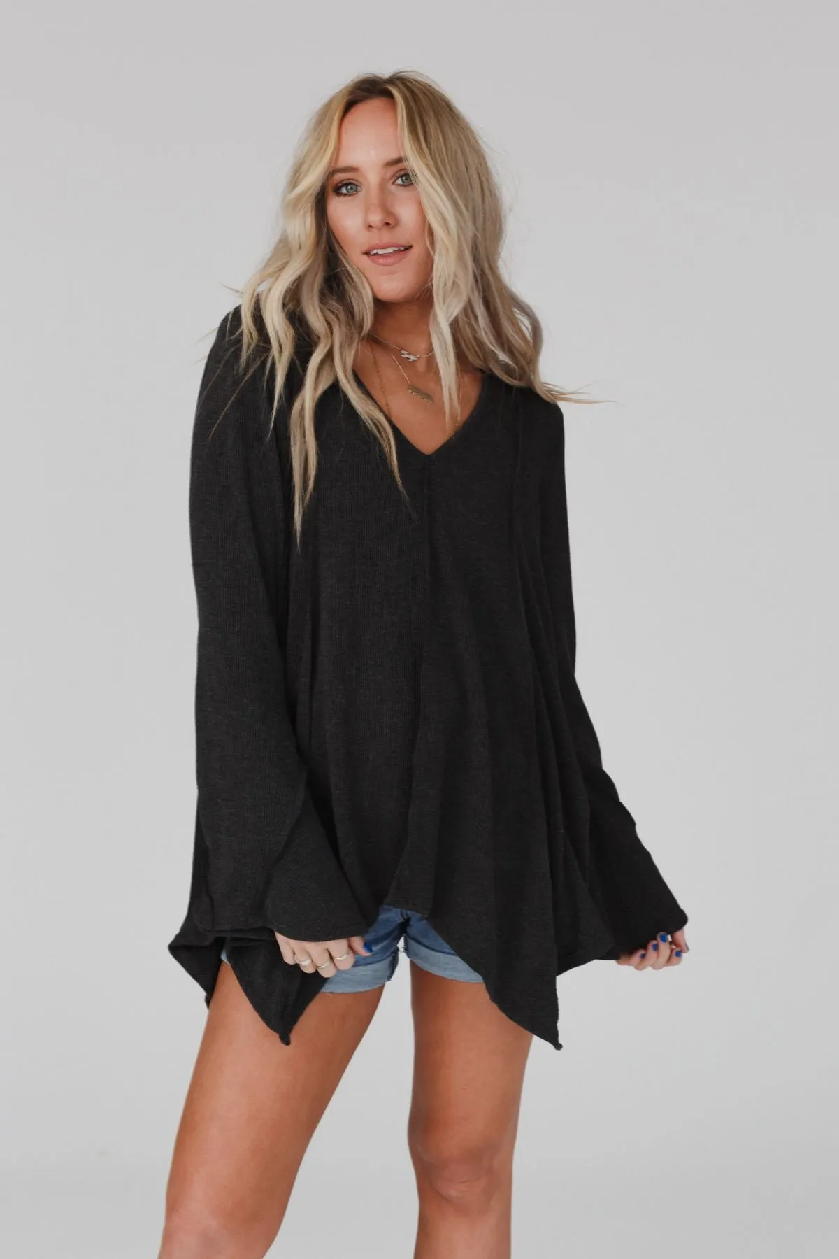 Golden Hour Long Bell Sleeve Top - Charcoal