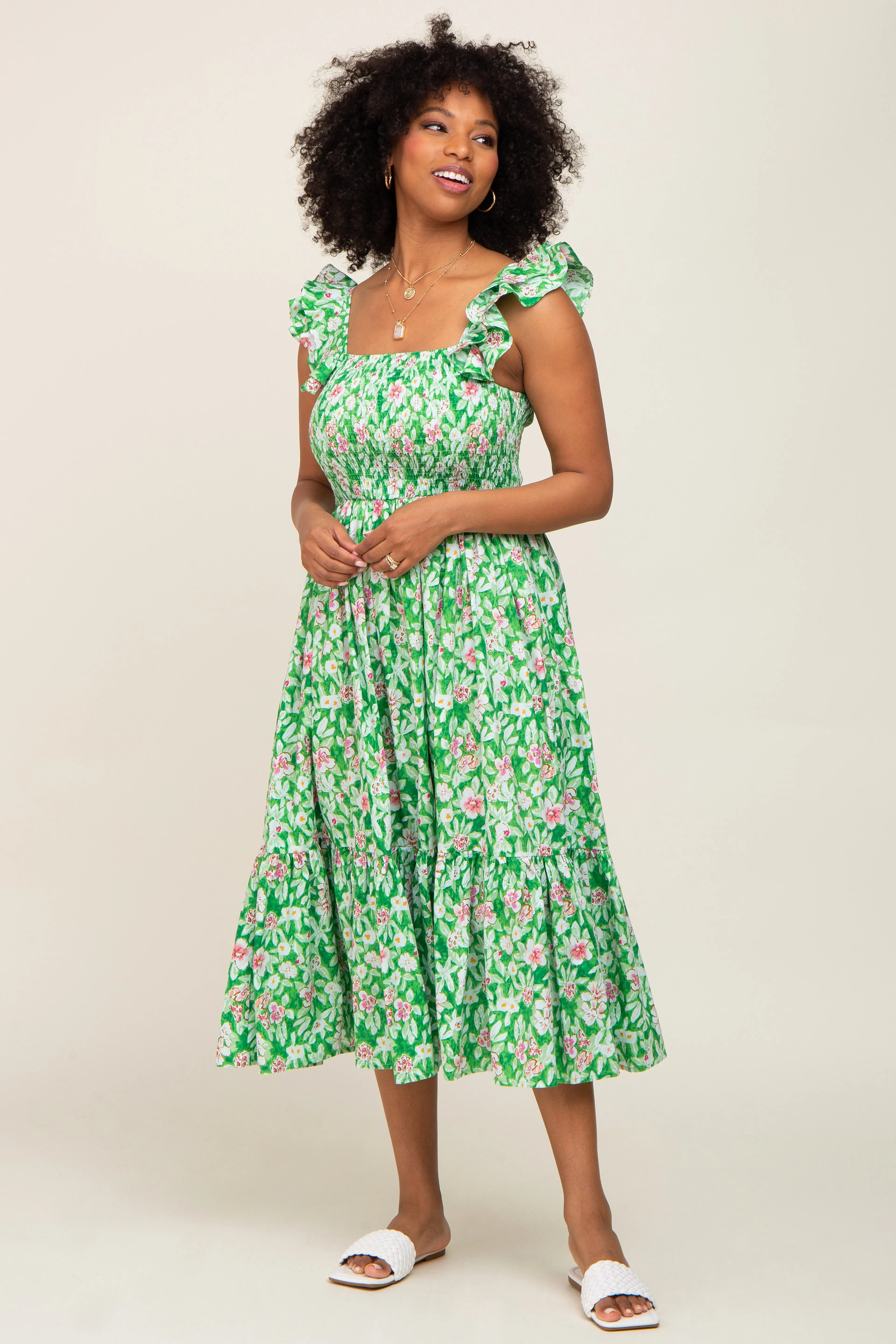 Green Floral Smocked Frill Sleeve Midi Dress