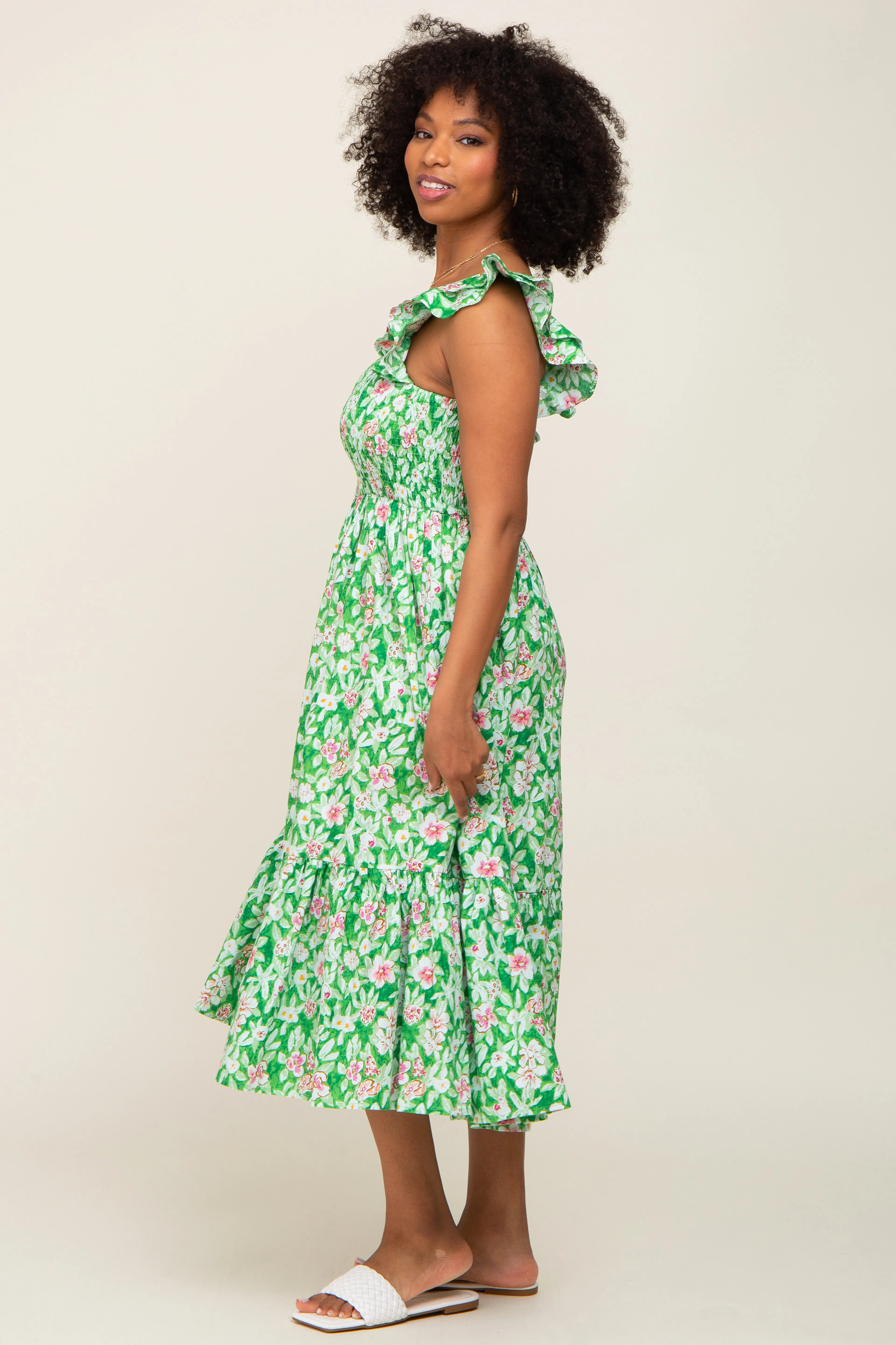 Green Floral Smocked Frill Sleeve Midi Dress