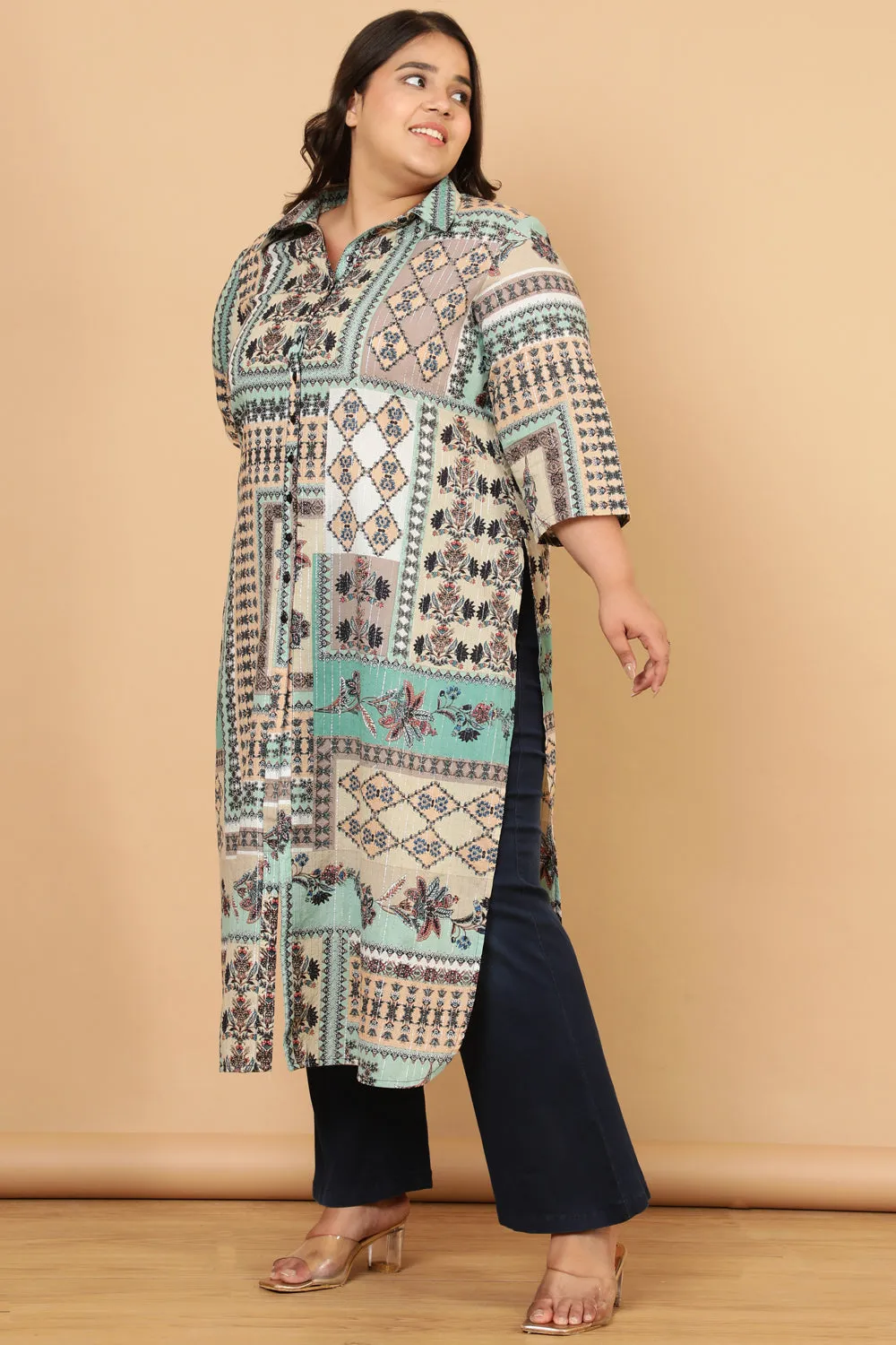 Green White Ethnic Scarf Print Cotton Kurta Shrug