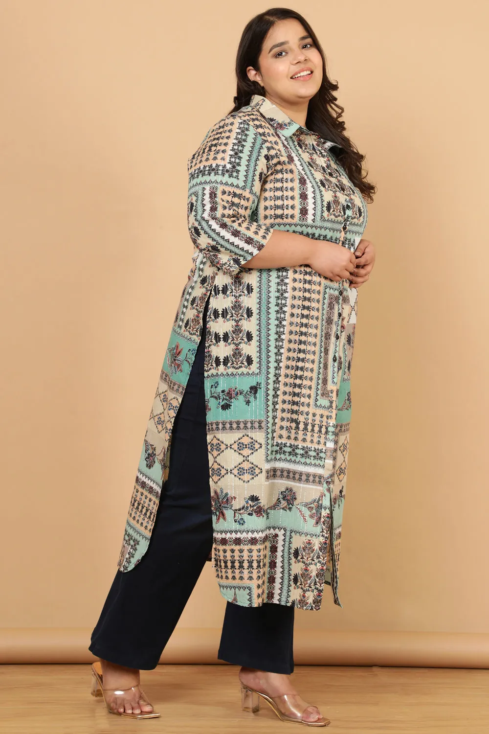 Green White Ethnic Scarf Print Cotton Kurta Shrug