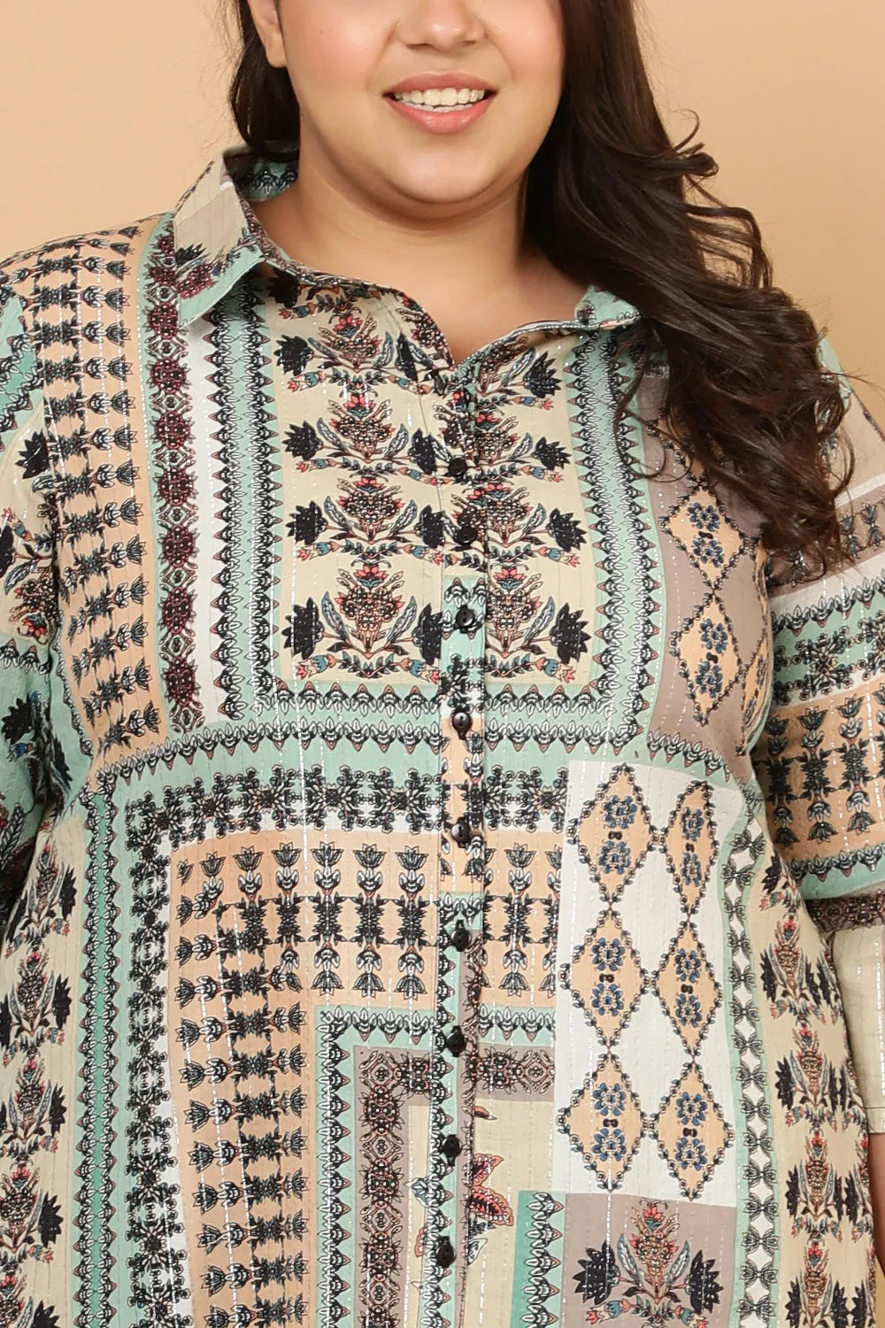 Green White Ethnic Scarf Print Cotton Kurta Shrug