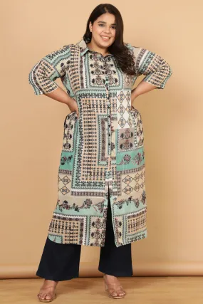 Green White Ethnic Scarf Print Cotton Kurta Shrug