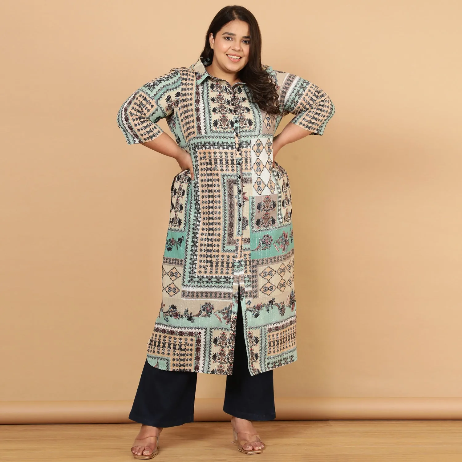 Green White Ethnic Scarf Print Cotton Kurta Shrug