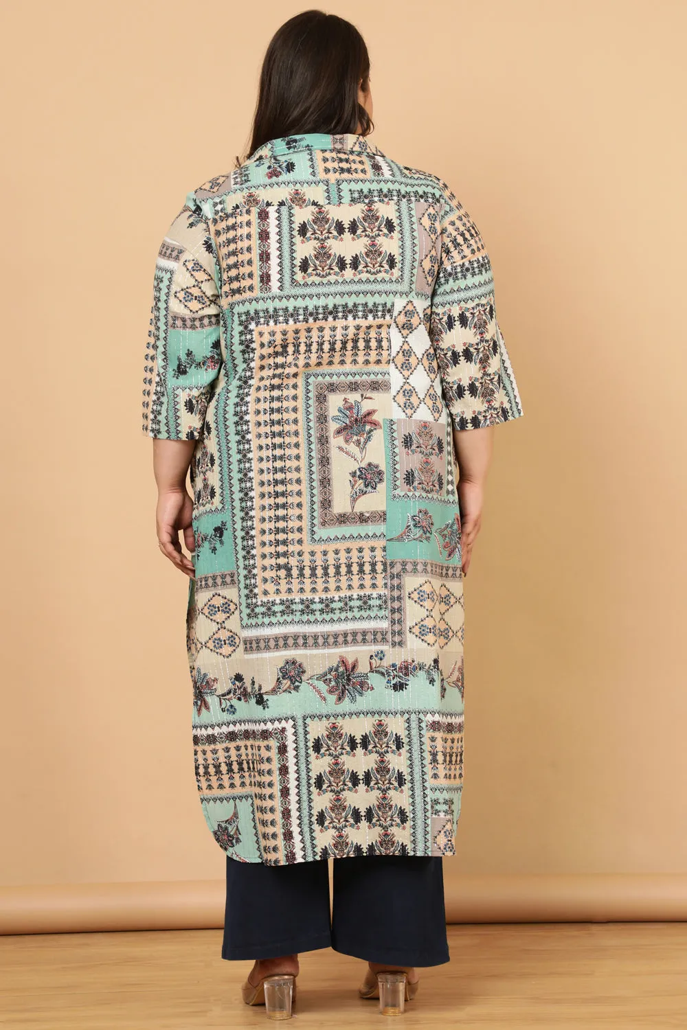 Green White Ethnic Scarf Print Cotton Kurta Shrug