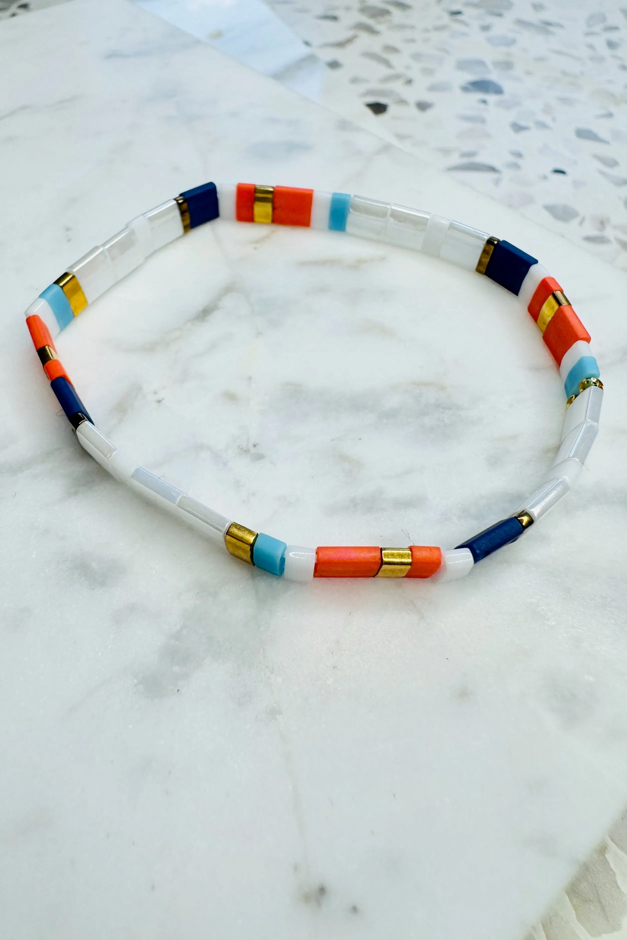 Handmade Glass Bead Bracelet - White/Orange/Blue