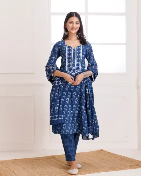 Indigo Dabu Hand Block Printed Cotton Suit Set