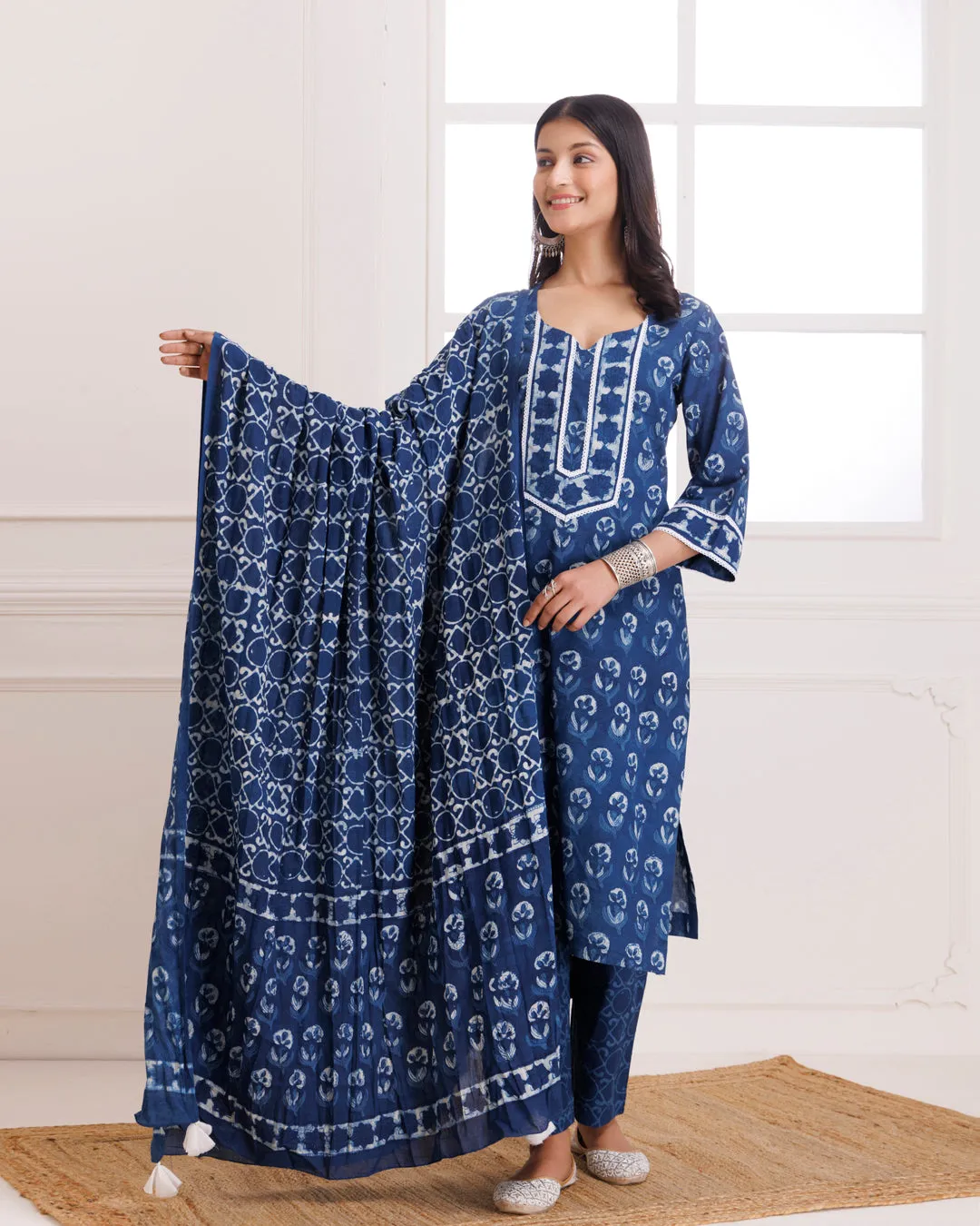 Indigo Dabu Hand Block Printed Cotton Suit Set