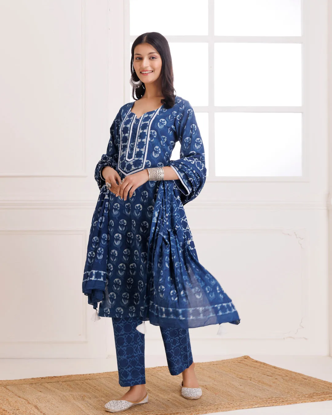 Indigo Dabu Hand Block Printed Cotton Suit Set