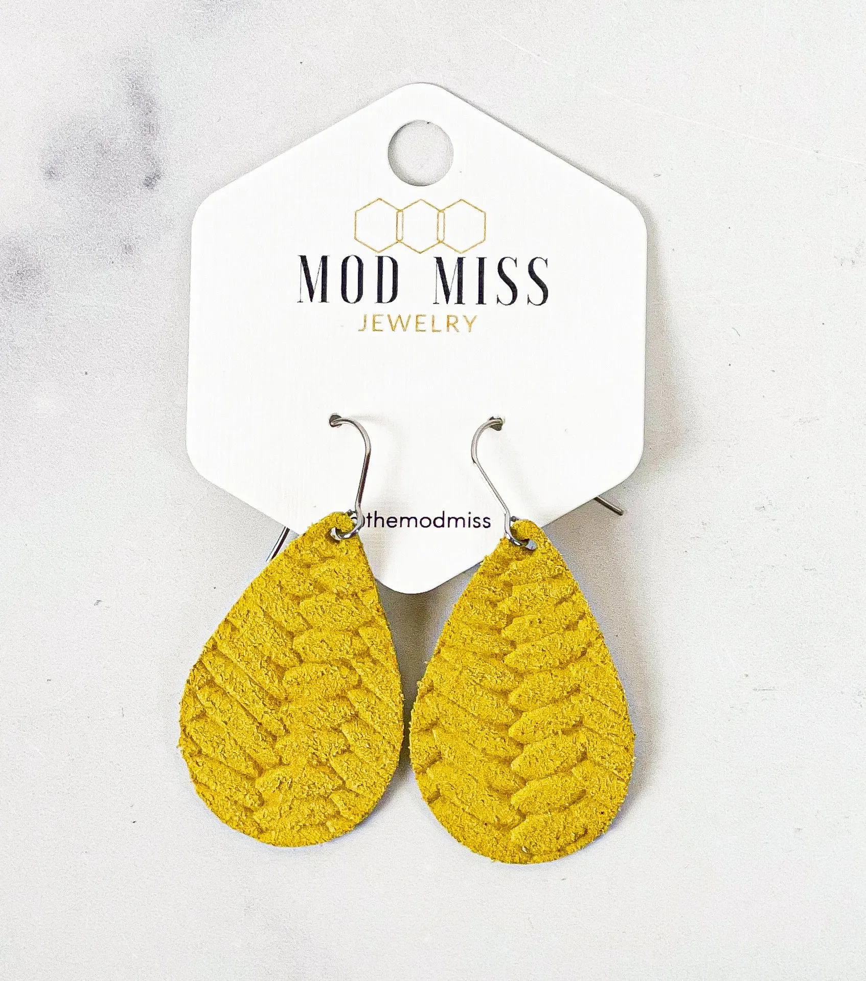 Leather Teardrop Earring Weaved Yellow