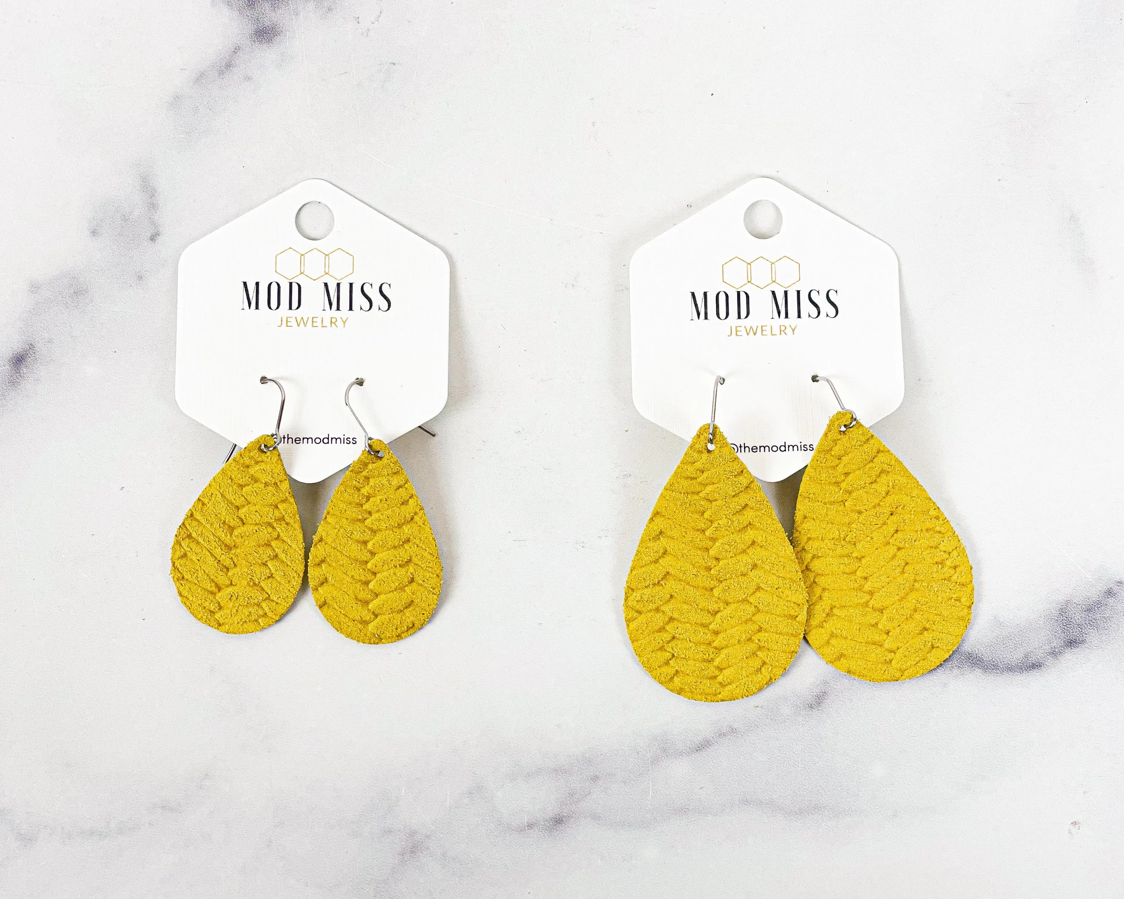 Leather Teardrop Earring Weaved Yellow