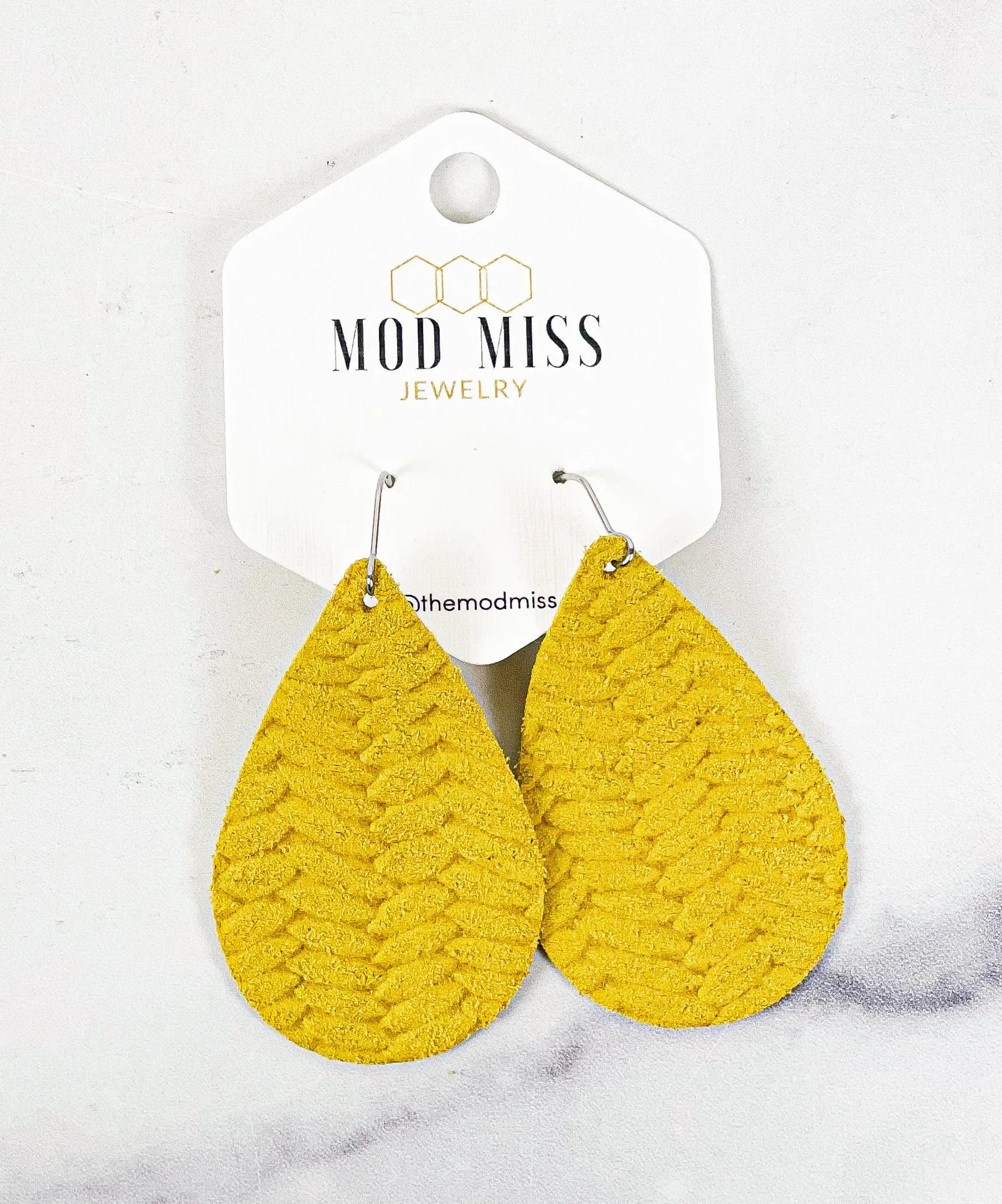 Leather Teardrop Earring Weaved Yellow