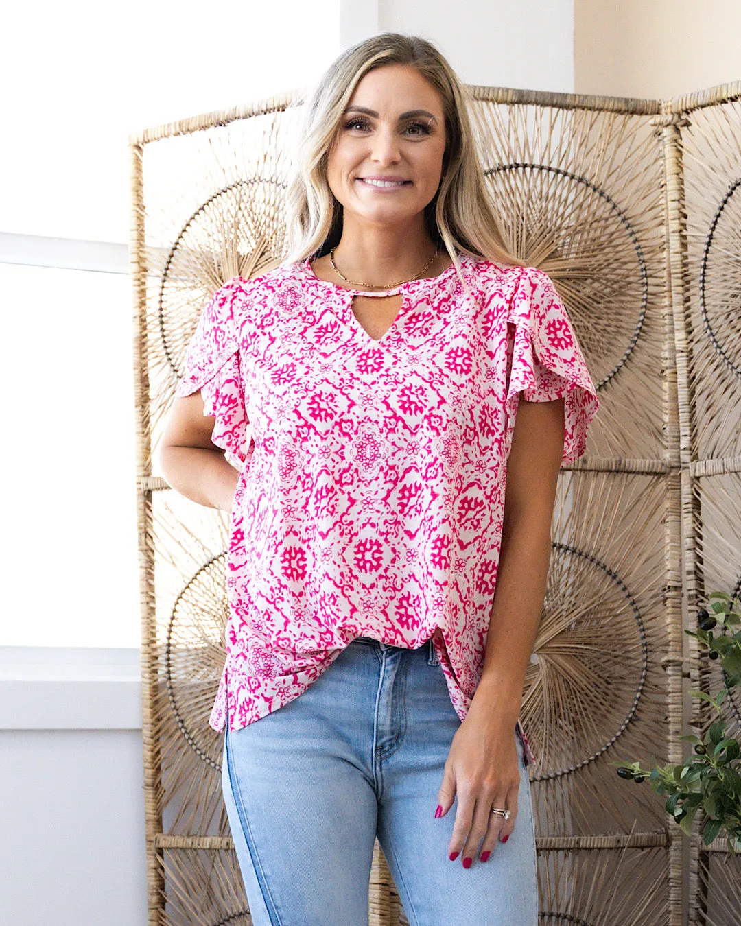 Melody Pink Floral Keyhole Top