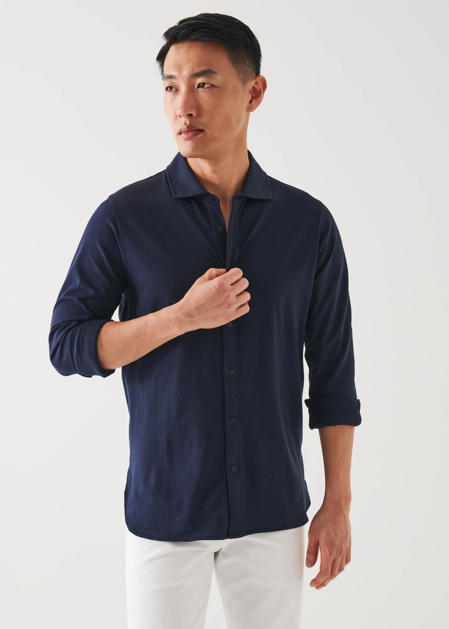 MERCERIZED PIMA COTTON LONG SLEEVE BUTTON FRONT SHIRT