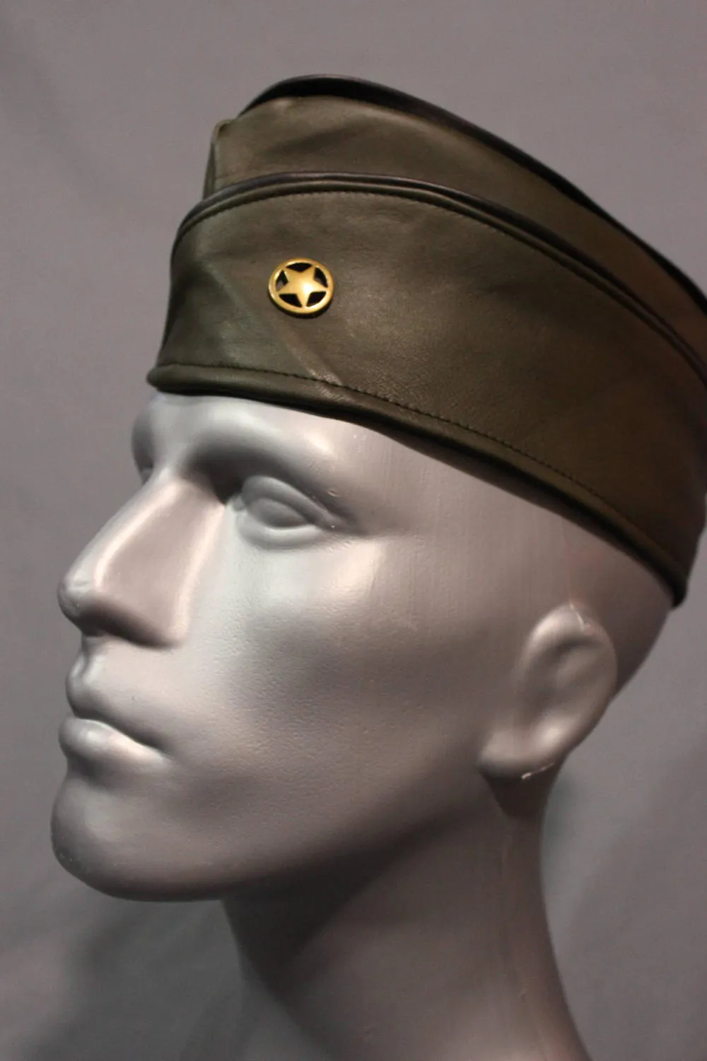 Military Olive Green Leather Garrison Cap with Brass Star Concho