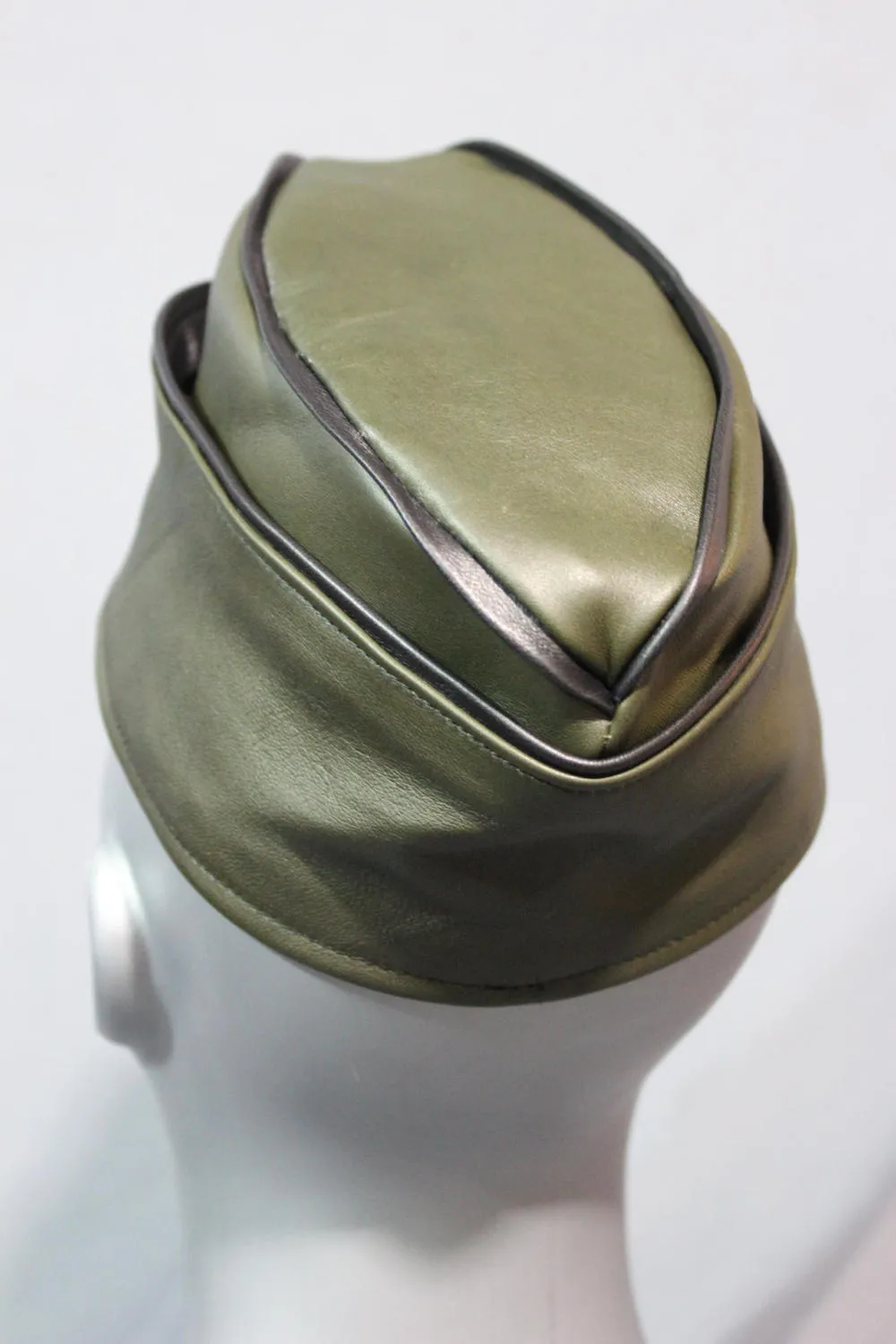 Military Olive Green Leather Garrison Cap with Brass Star Concho