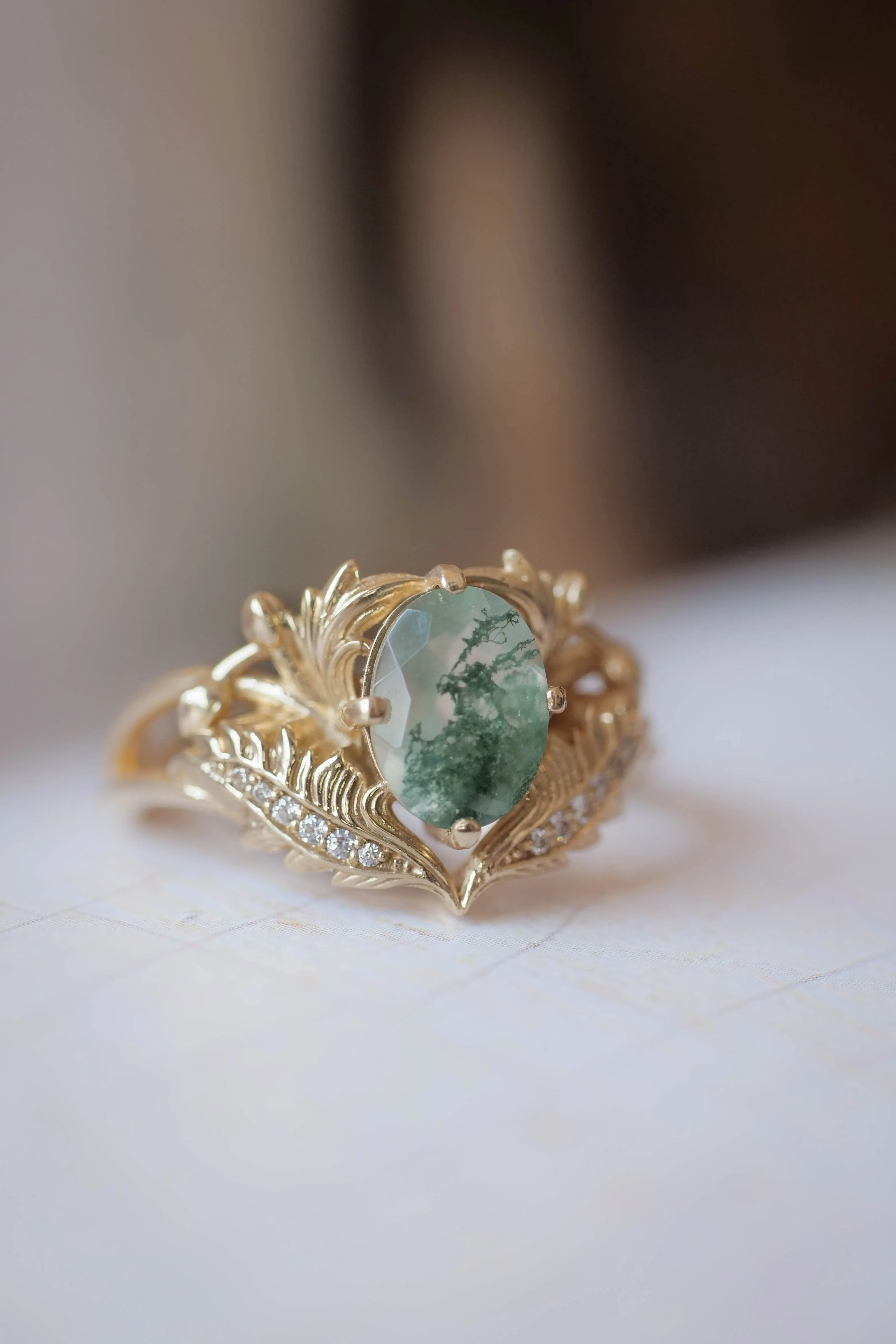 Moss agate and diamonds engagement ring / Adonis