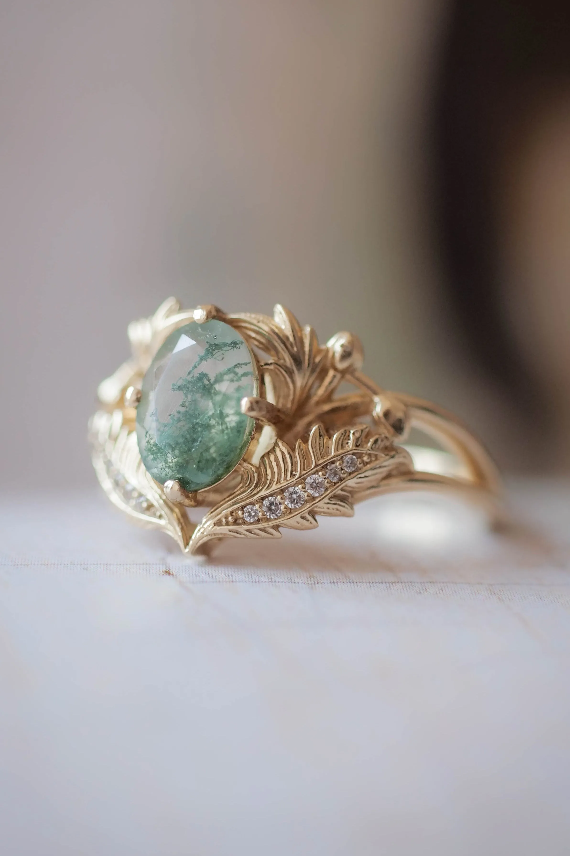 Moss agate and diamonds engagement ring / Adonis