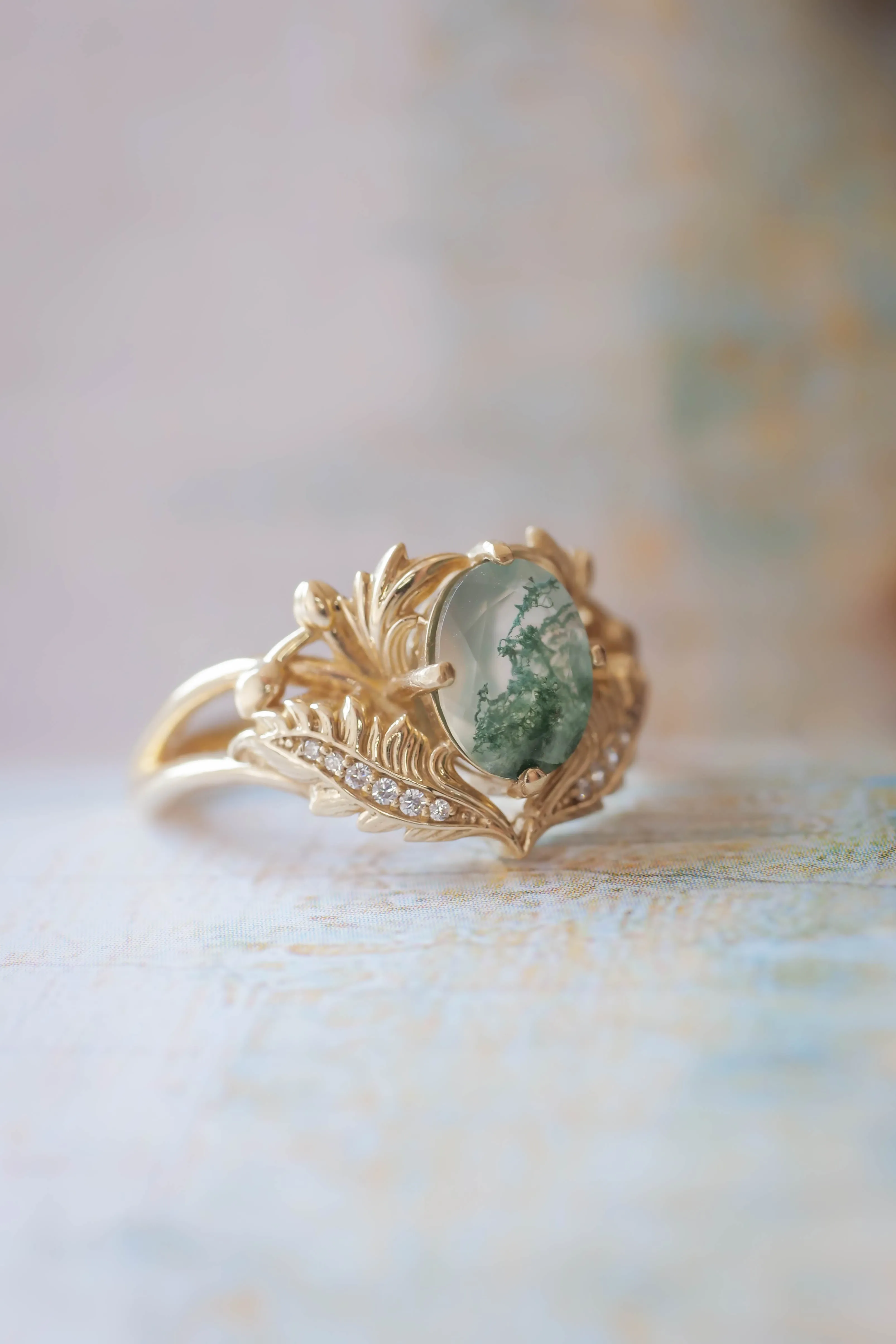 Moss agate and diamonds engagement ring / Adonis