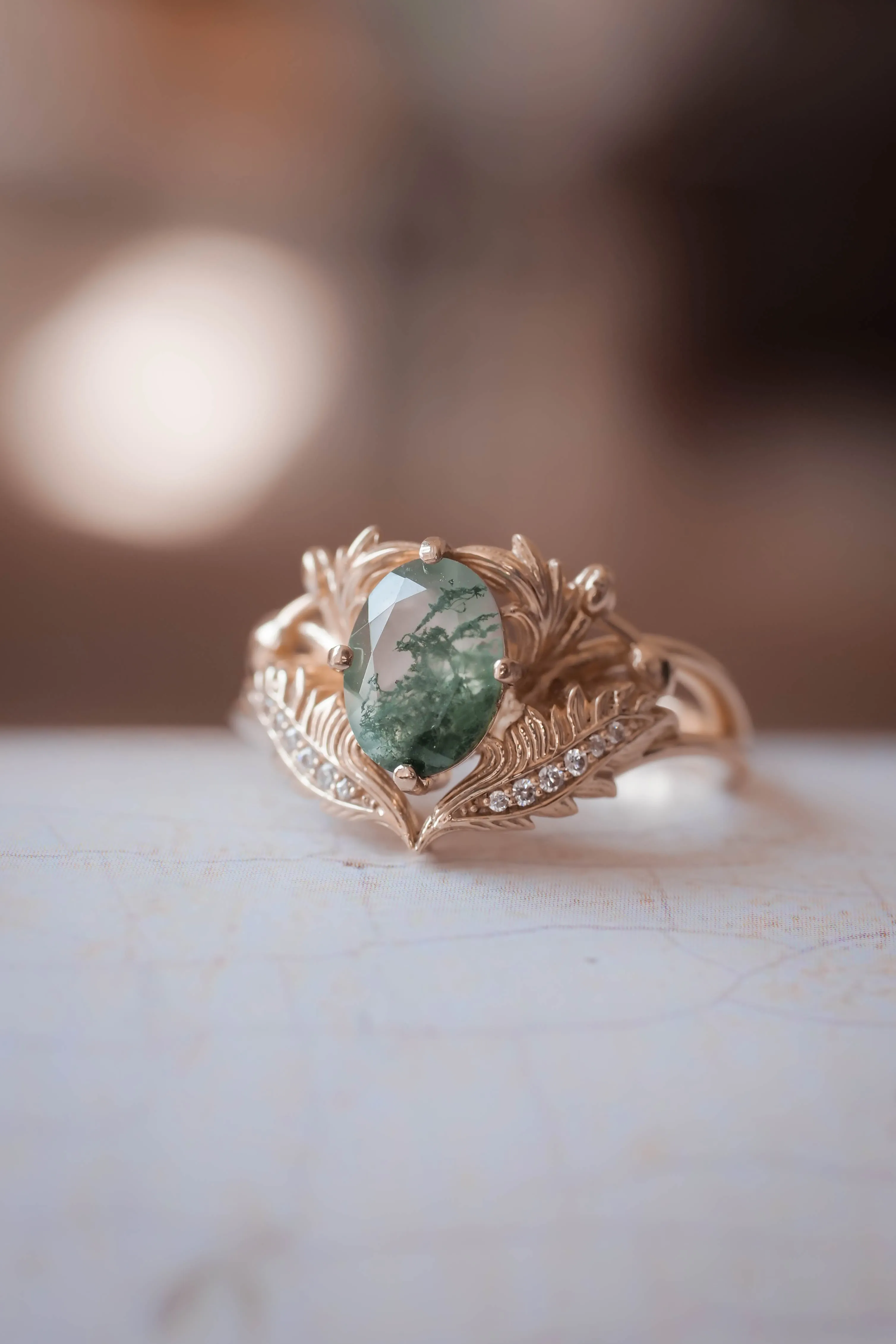 Moss agate and diamonds engagement ring / Adonis