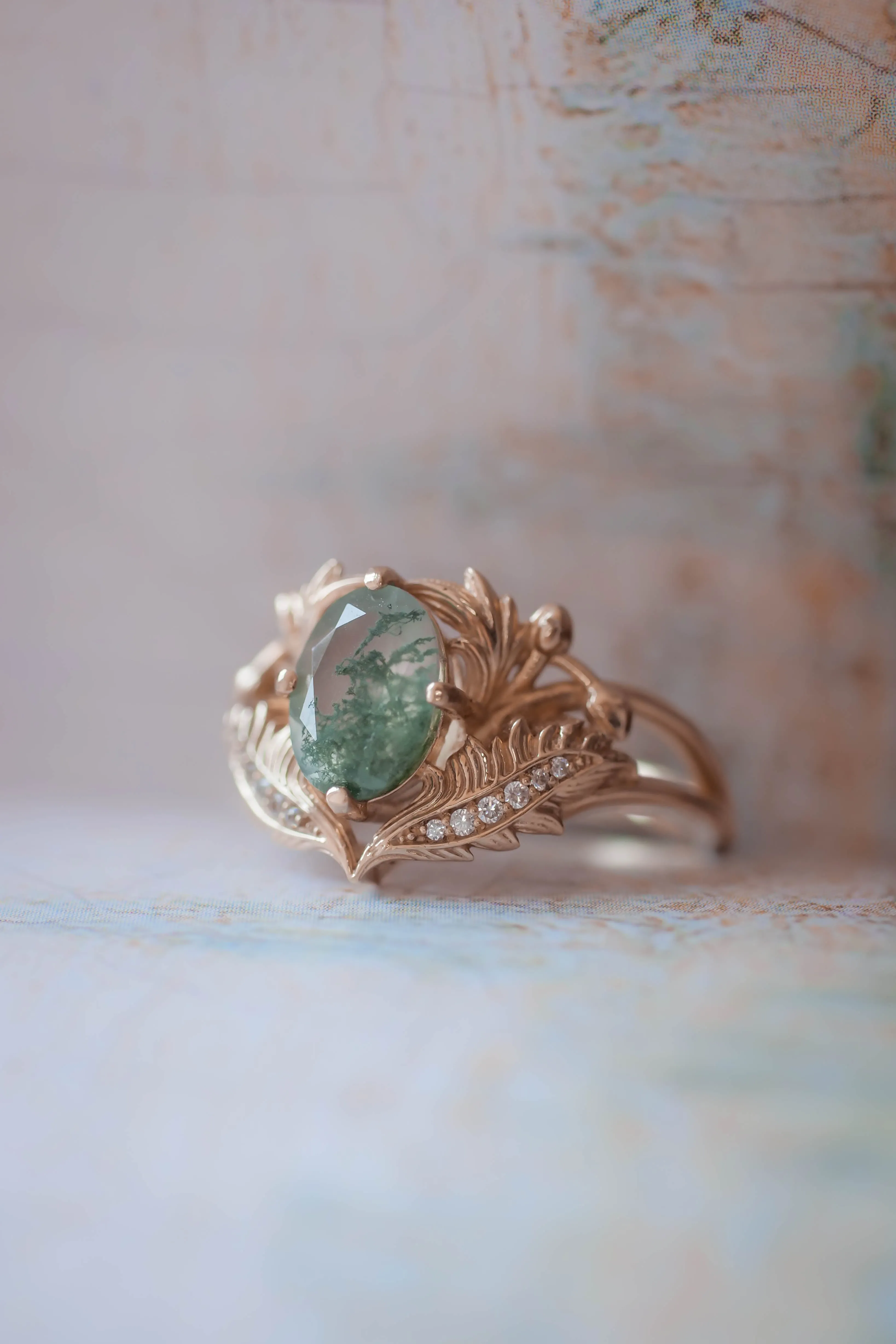 Moss agate and diamonds engagement ring / Adonis