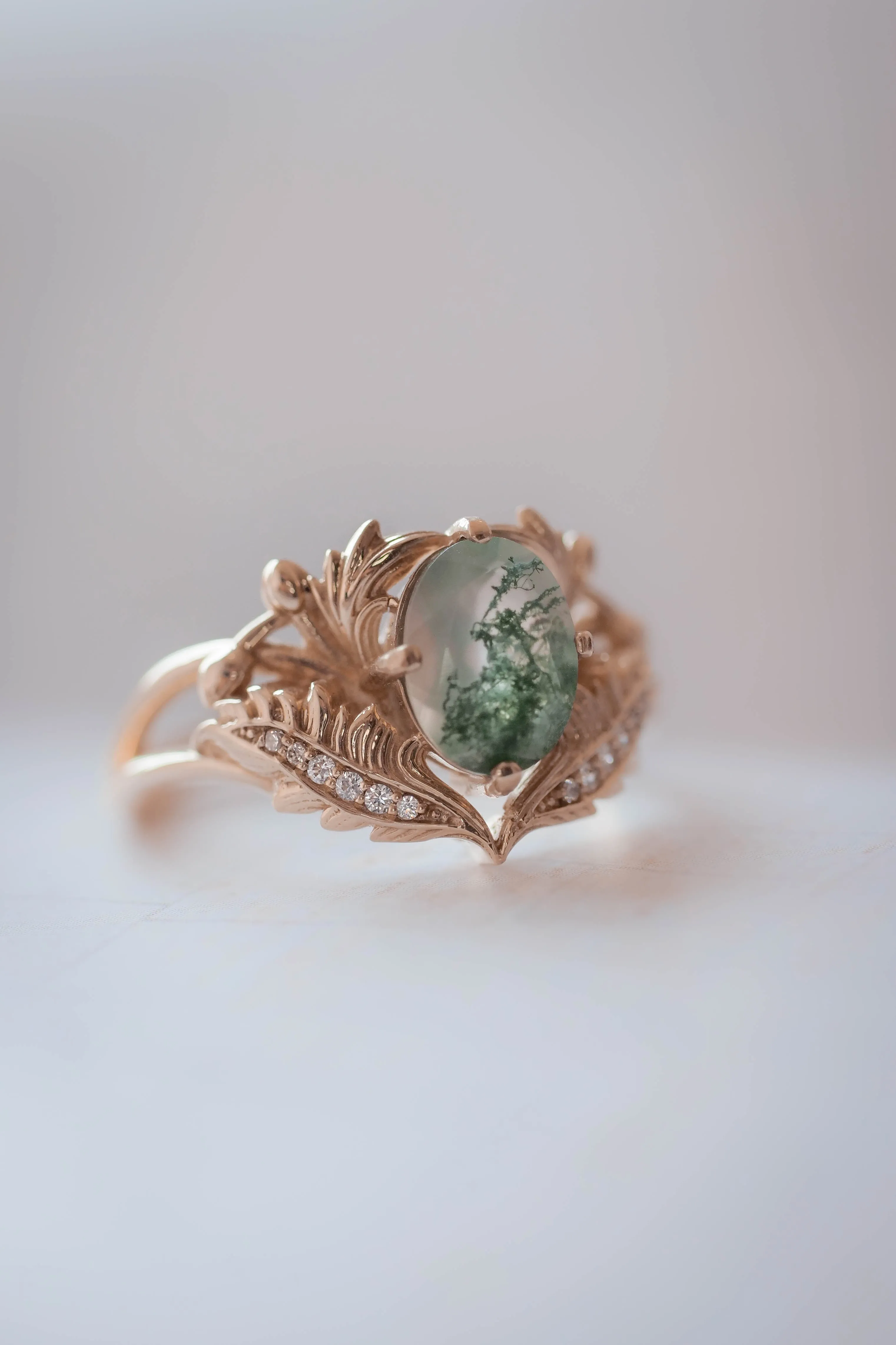 Moss agate and diamonds engagement ring / Adonis