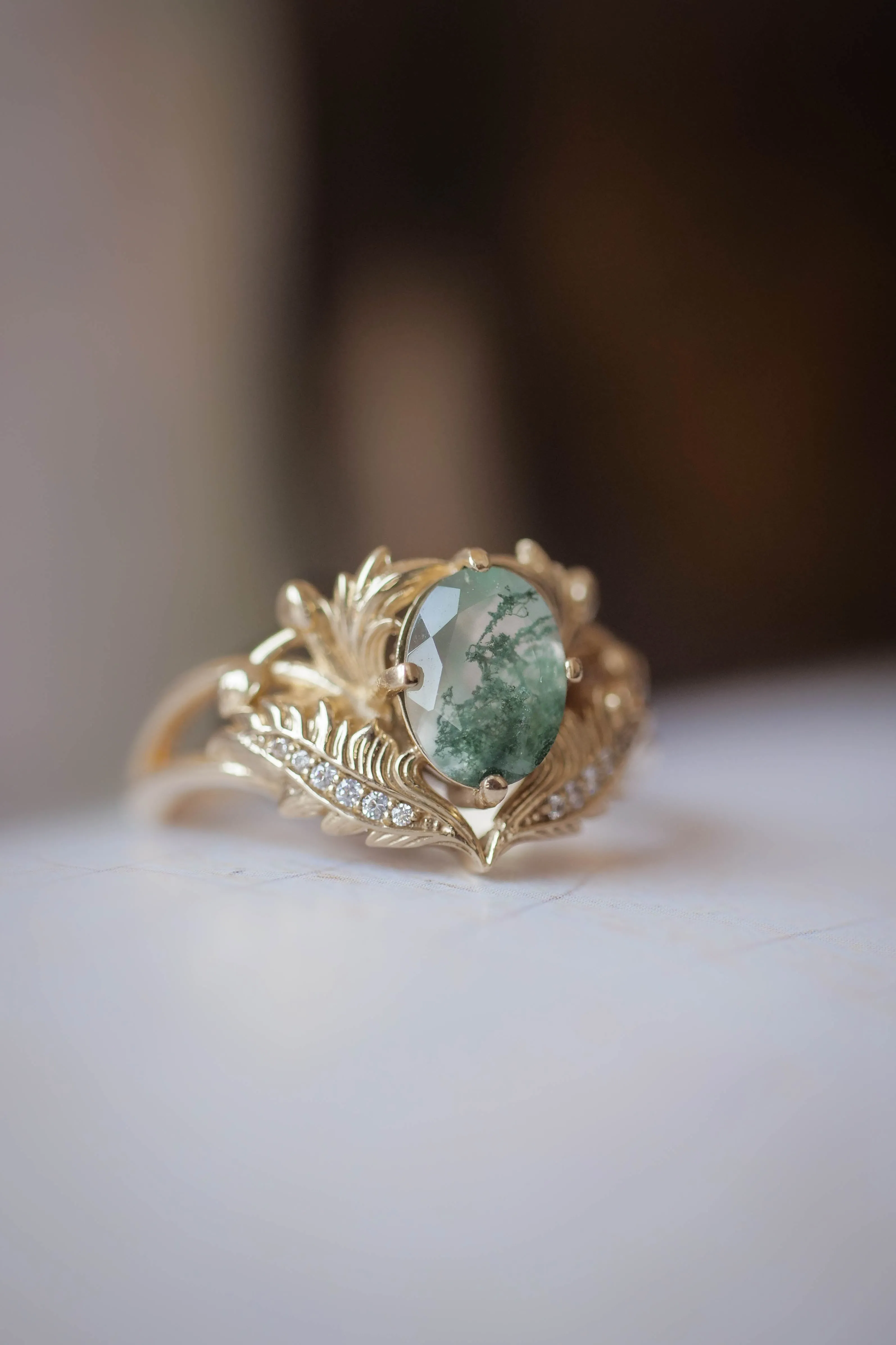 Moss agate and diamonds engagement ring / Adonis