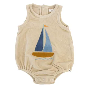 oh baby! Cotton Terry Bubble - Denim Sailboat Applique - Sand