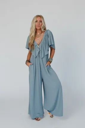 On Repeat Open Back Ruffle Jumpsuit - Electric Blue