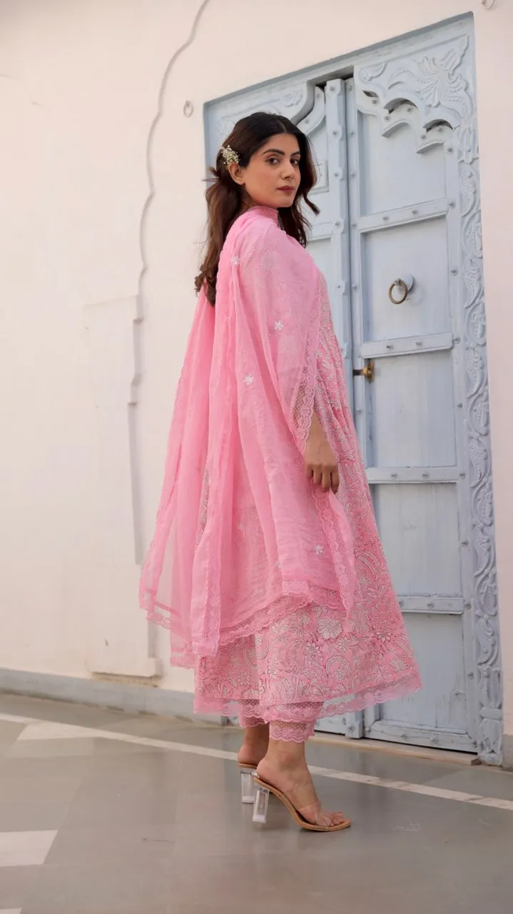 Pink Jaal Handblock Cotton Anarkali With Doriya Dupatta