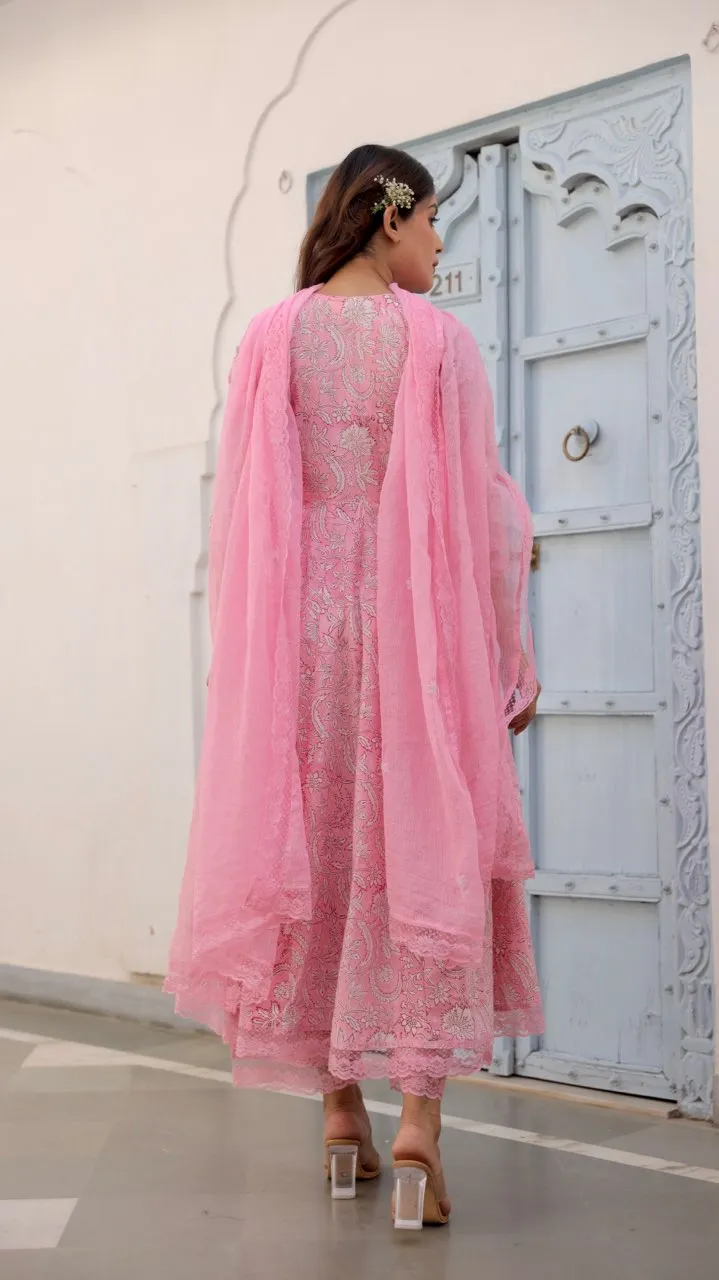 Pink Jaal Handblock Cotton Anarkali With Doriya Dupatta