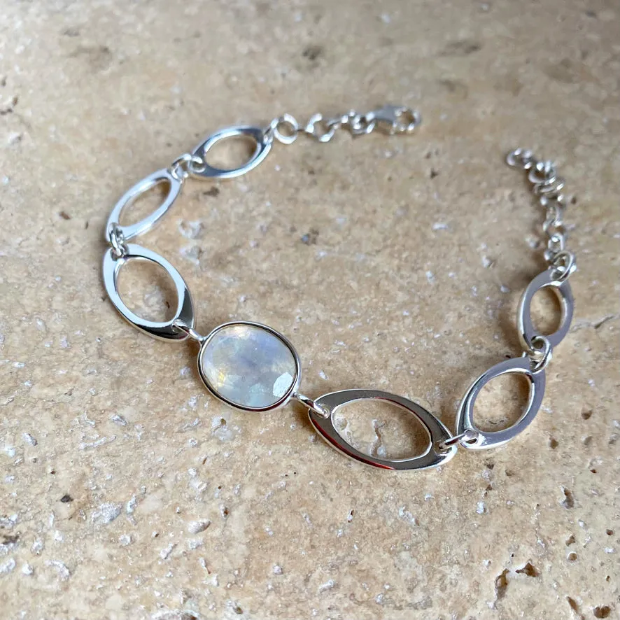 Rainbow Moonstone Oval Gemstone Bracelet - Peony