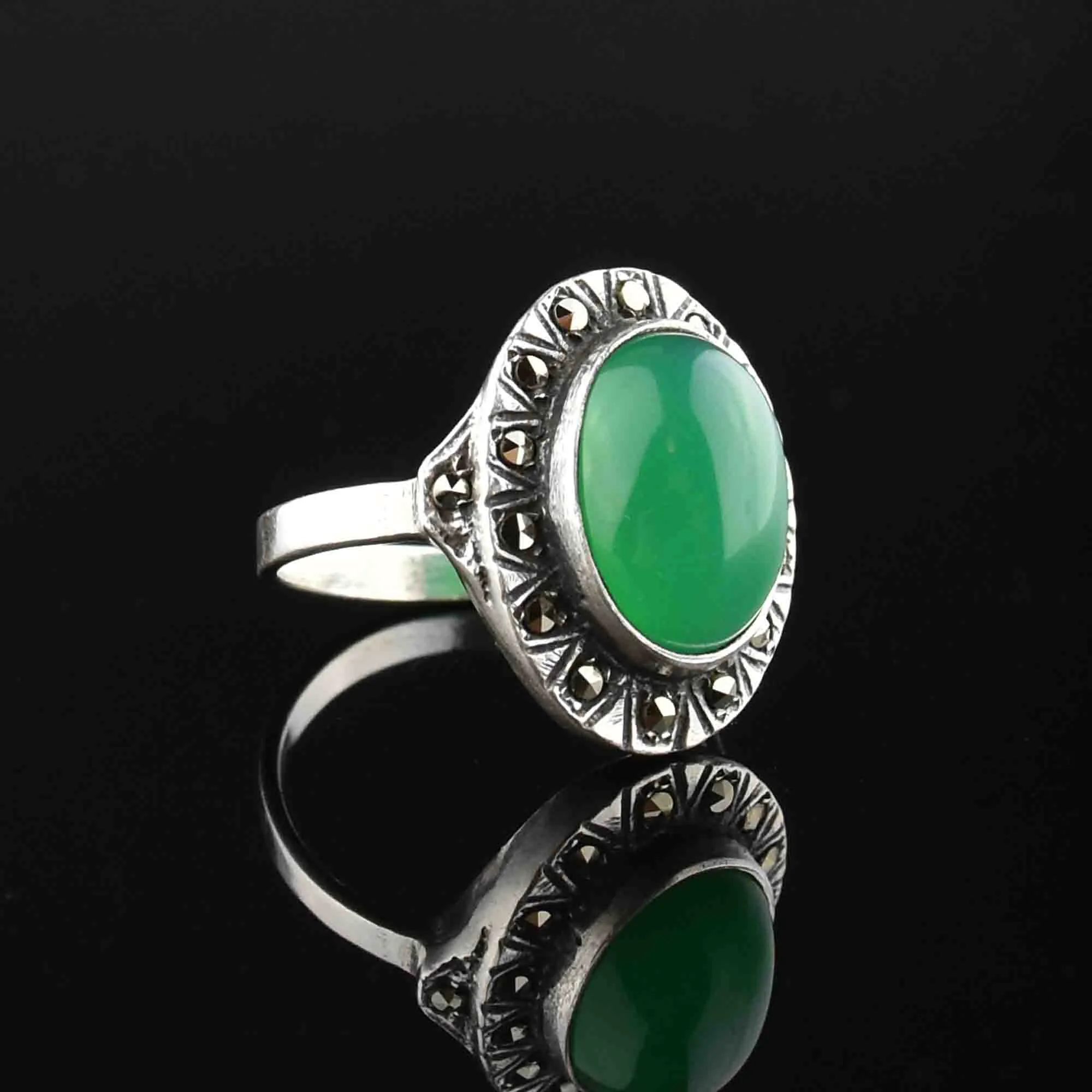 Silver Chrysoprase Marcasite Statement Ring, Sz 7.25