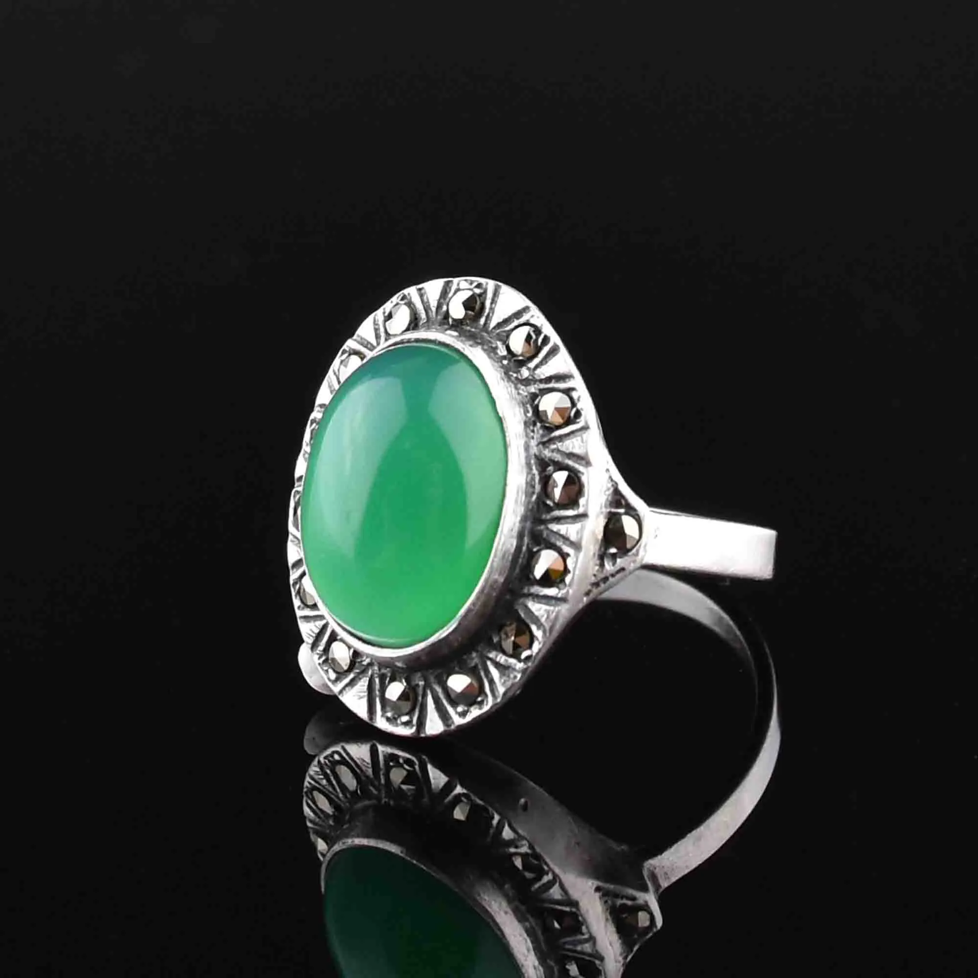 Silver Chrysoprase Marcasite Statement Ring, Sz 7.25