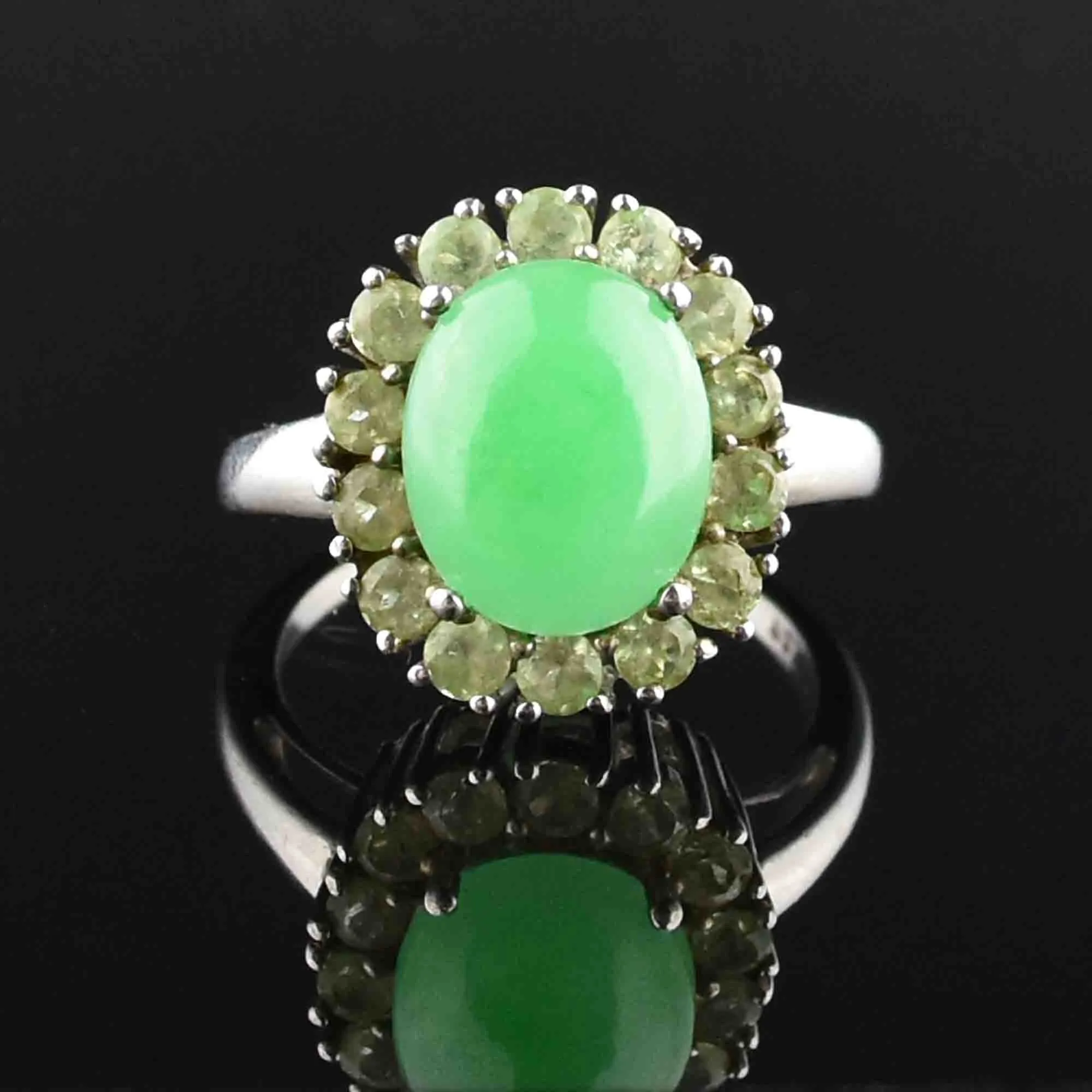 Silver Jade Cabochon Peridot Halo Ring, Sz 6.75