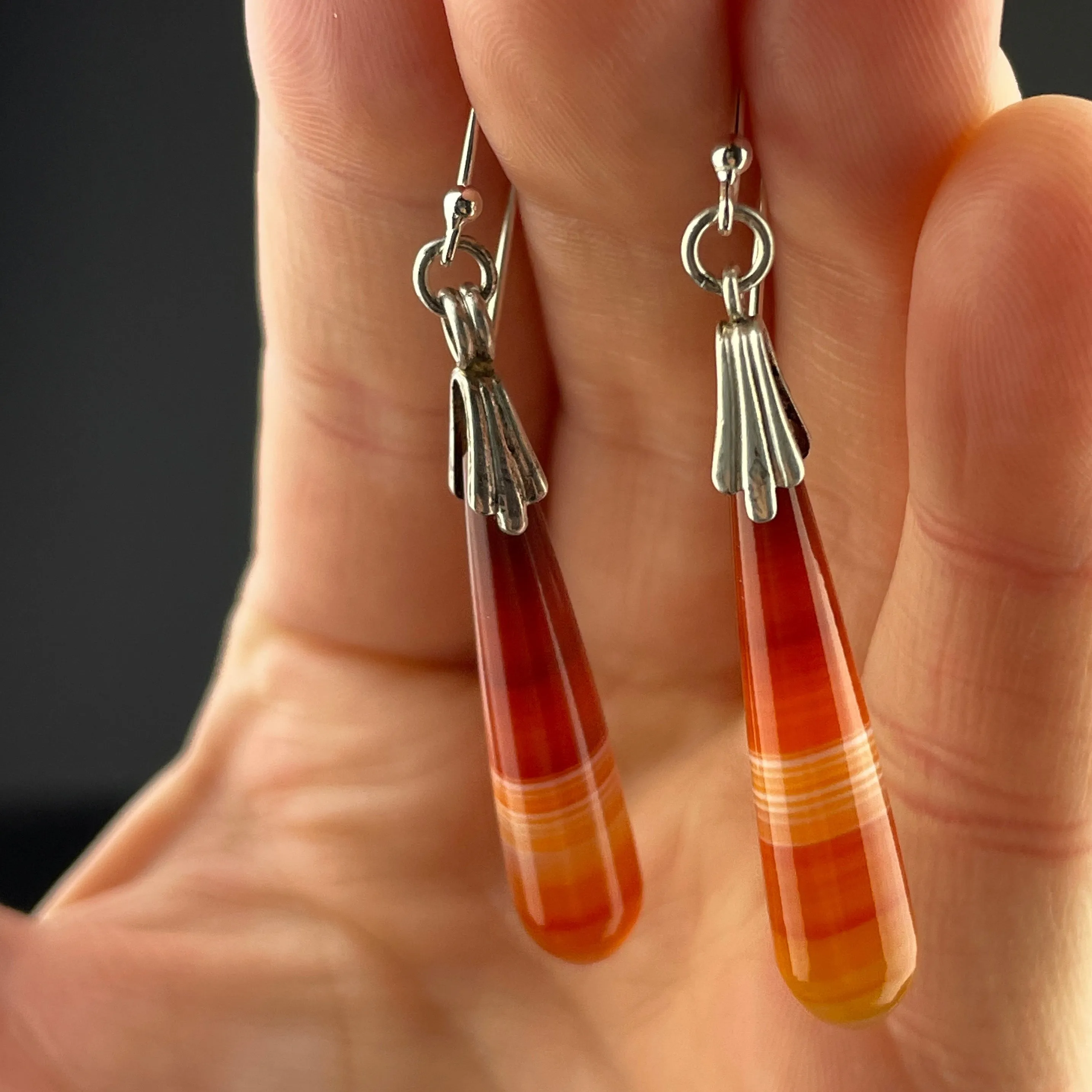 Sterling Silver Banded Agate Drop Earrings