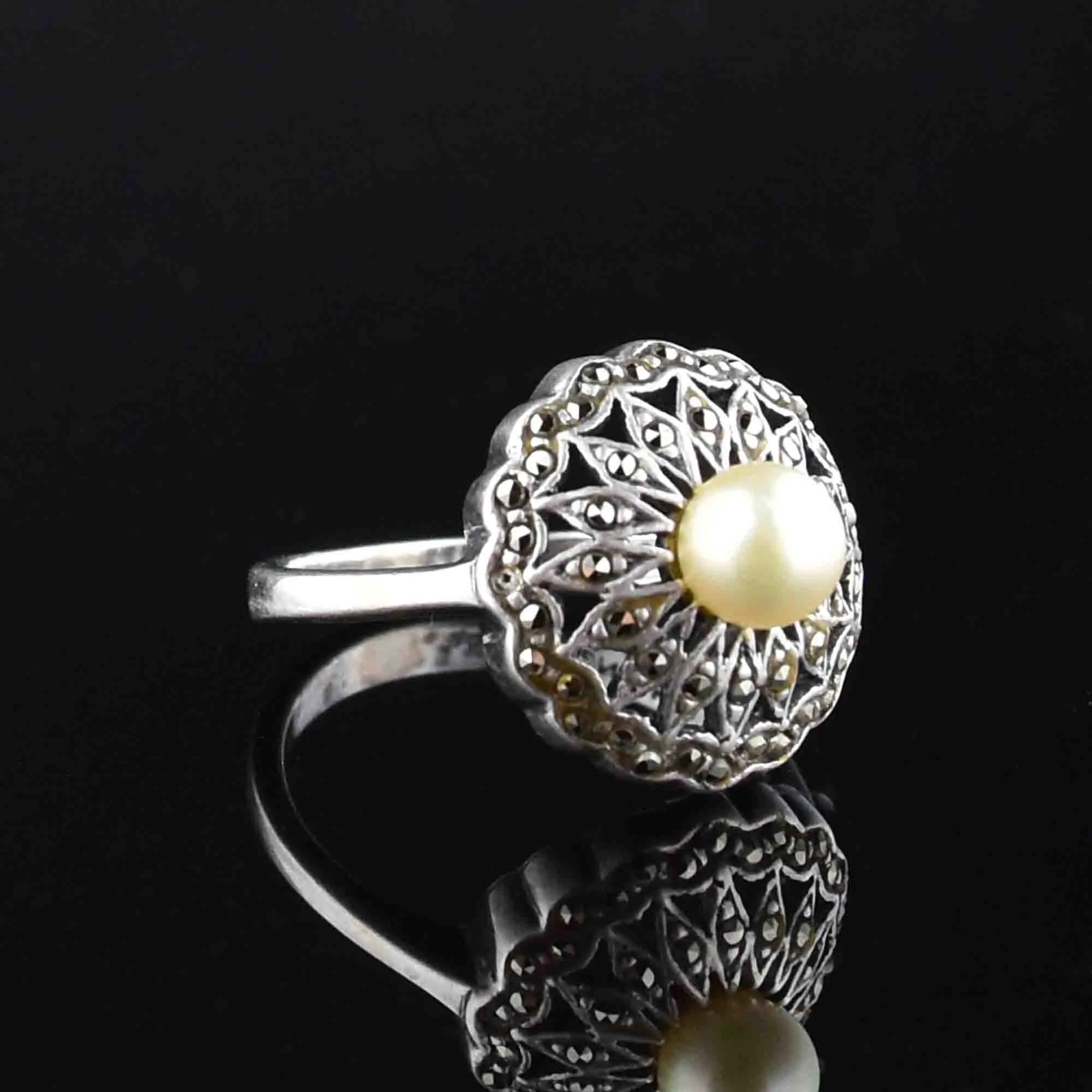 Sterling Silver Pearl Marcasite Engagement Ring, Sz 6.25