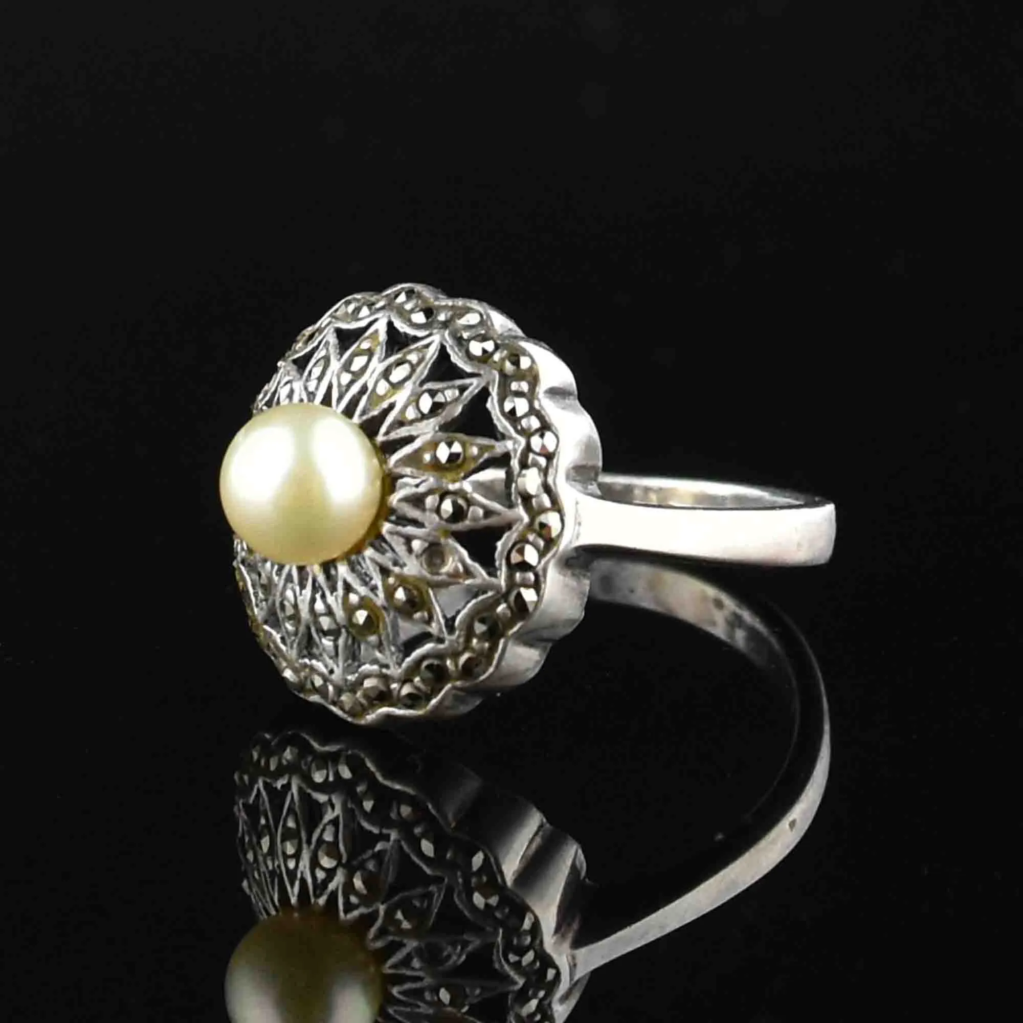 Sterling Silver Pearl Marcasite Engagement Ring, Sz 6.25