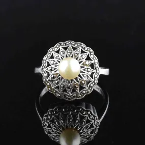 Sterling Silver Pearl Marcasite Engagement Ring, Sz 6.25