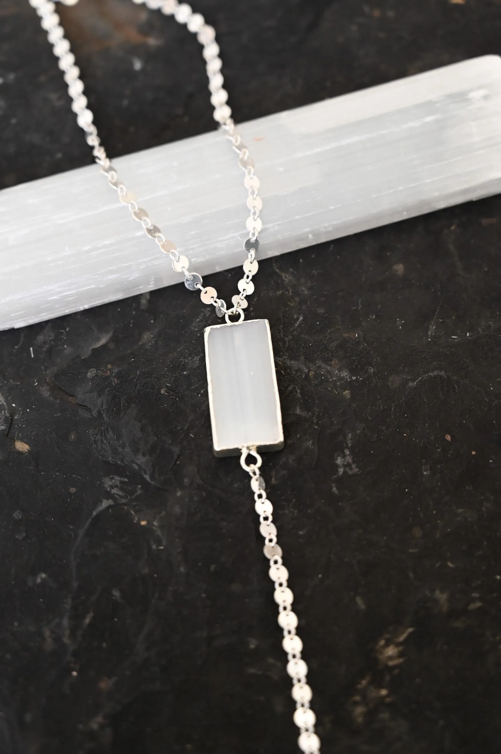 The Lightbringer Selenite Silver Lariat Necklace