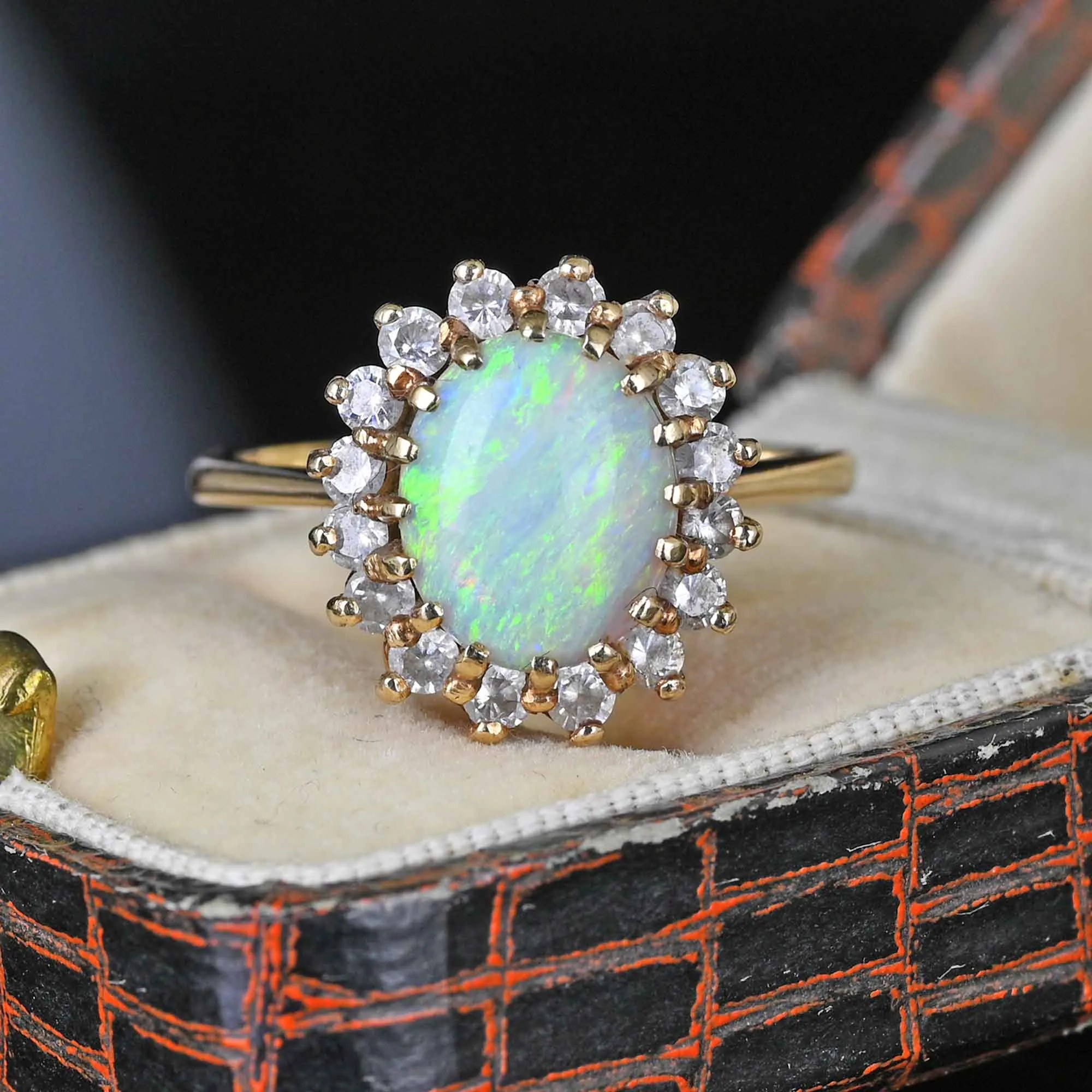 Vintage 14K Gold Halo Opal Cluster Cocktail Ring