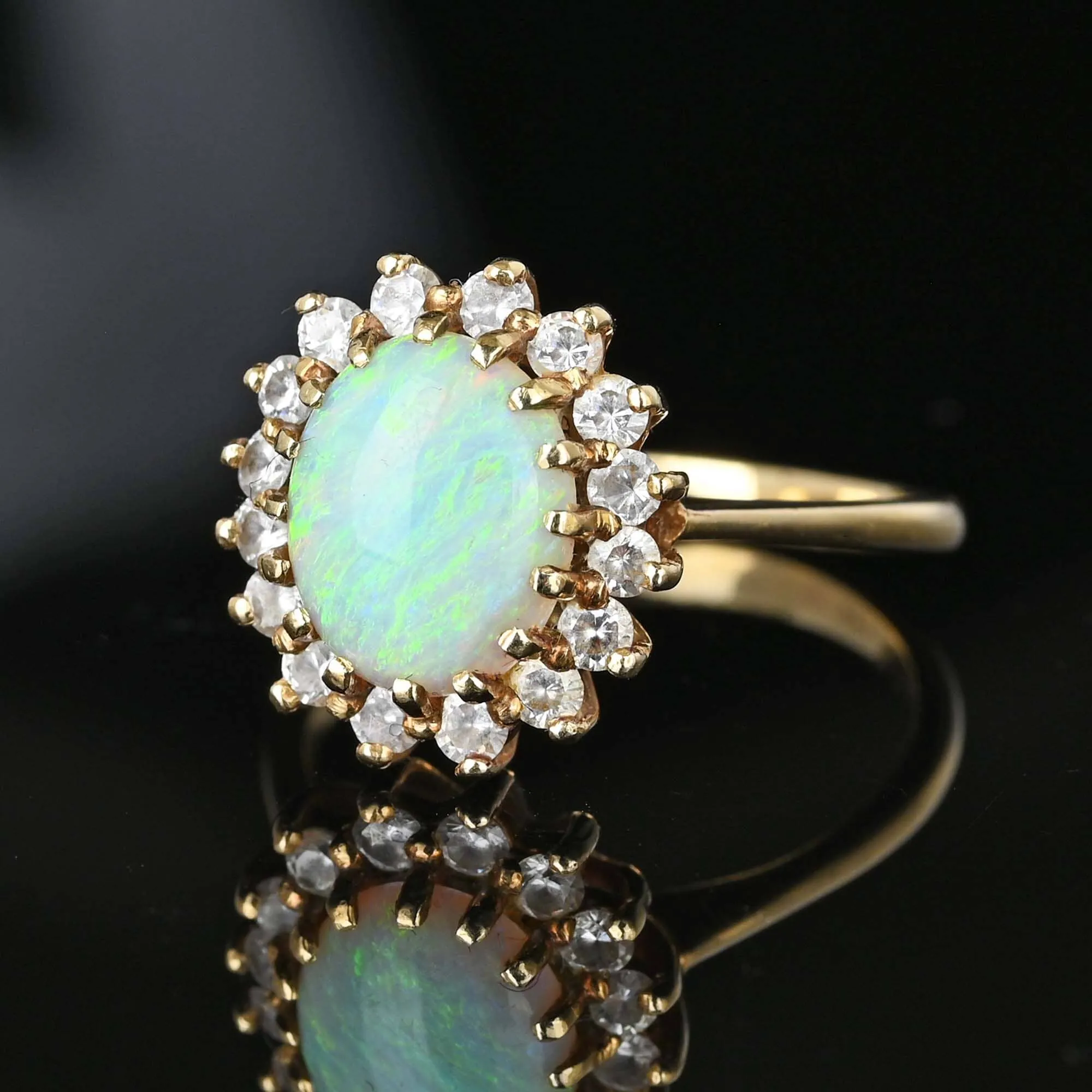 Vintage 14K Gold Halo Opal Cluster Cocktail Ring