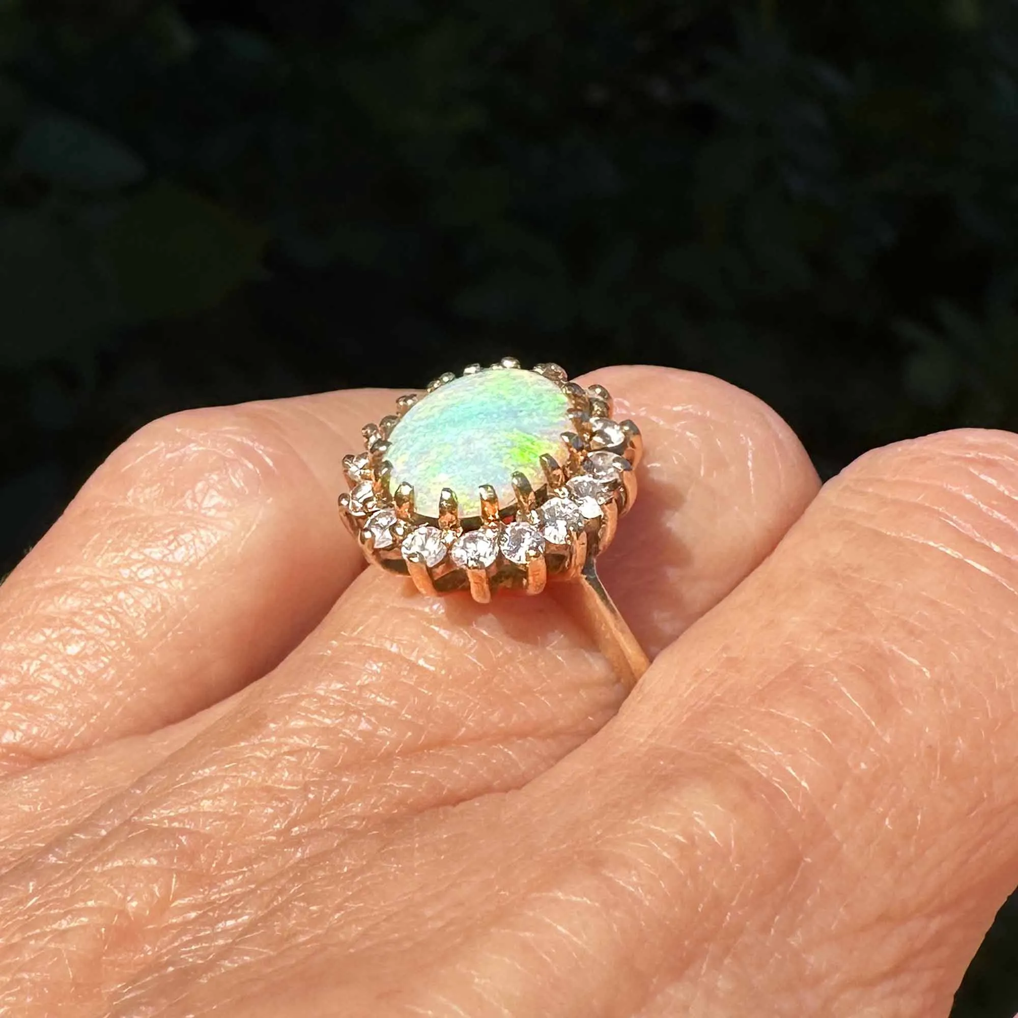 Vintage 14K Gold Halo Opal Cluster Cocktail Ring