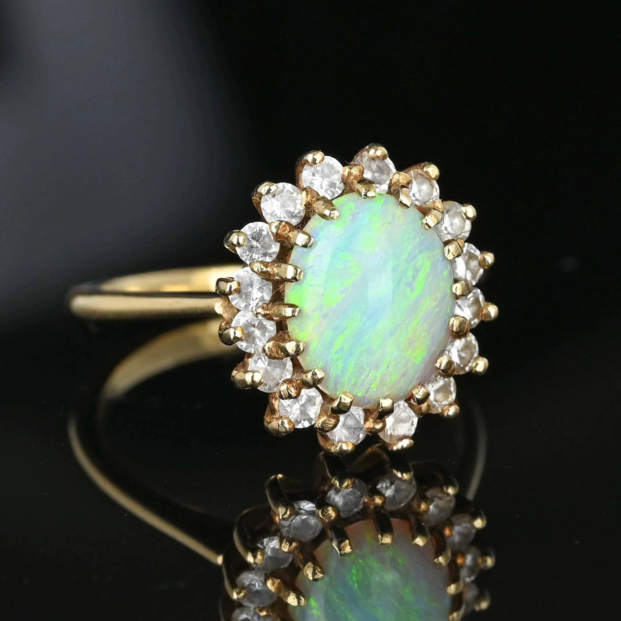 Vintage 14K Gold Halo Opal Cluster Cocktail Ring