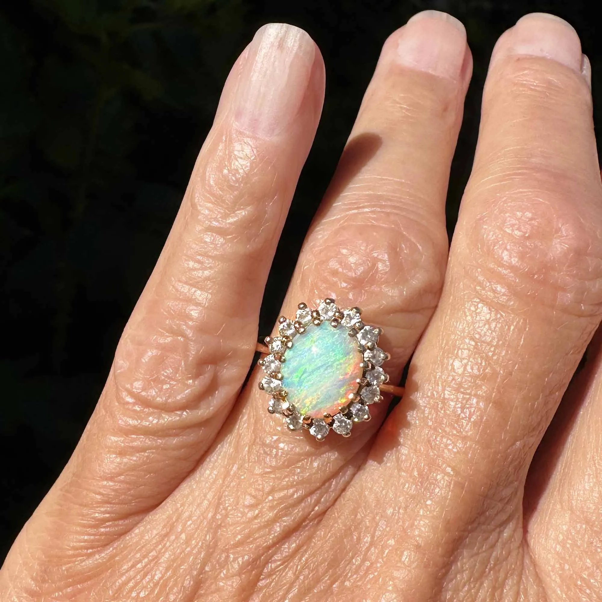 Vintage 14K Gold Halo Opal Cluster Cocktail Ring