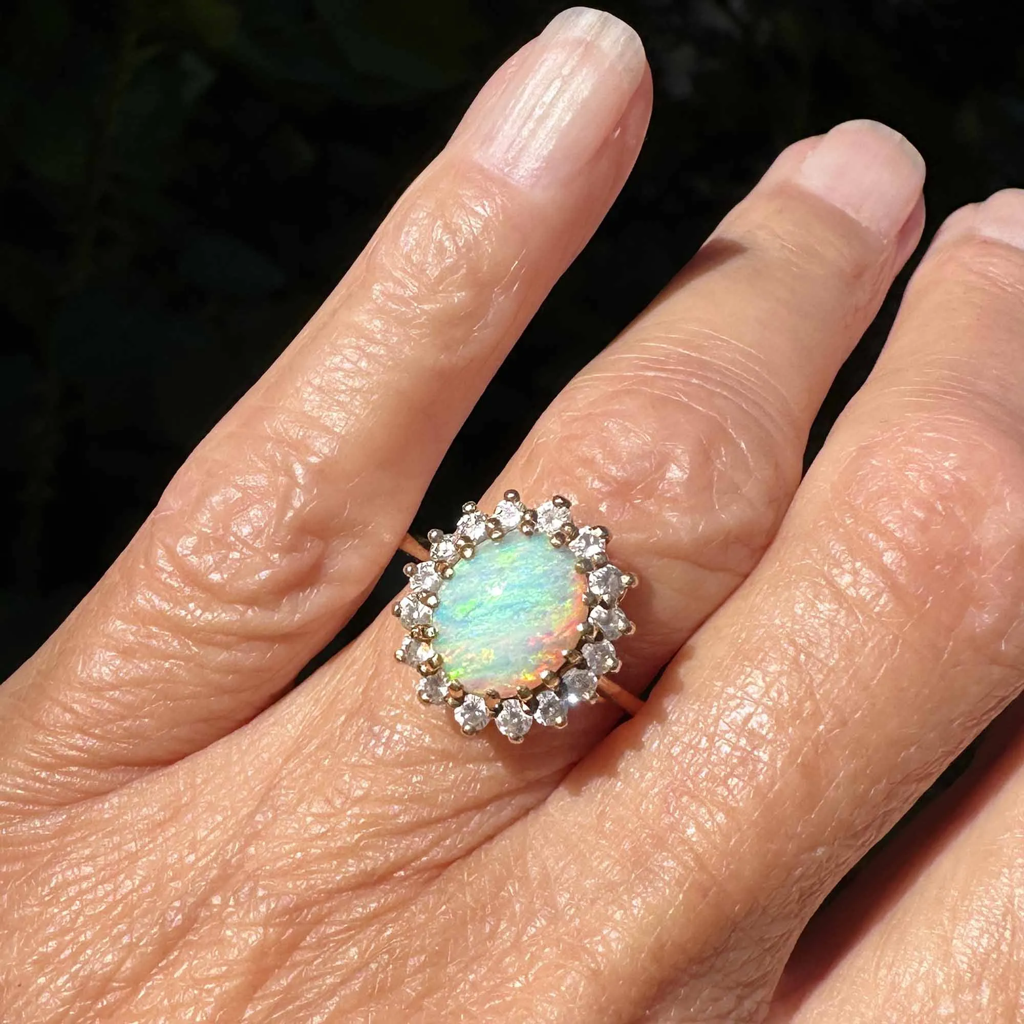 Vintage 14K Gold Halo Opal Cluster Cocktail Ring